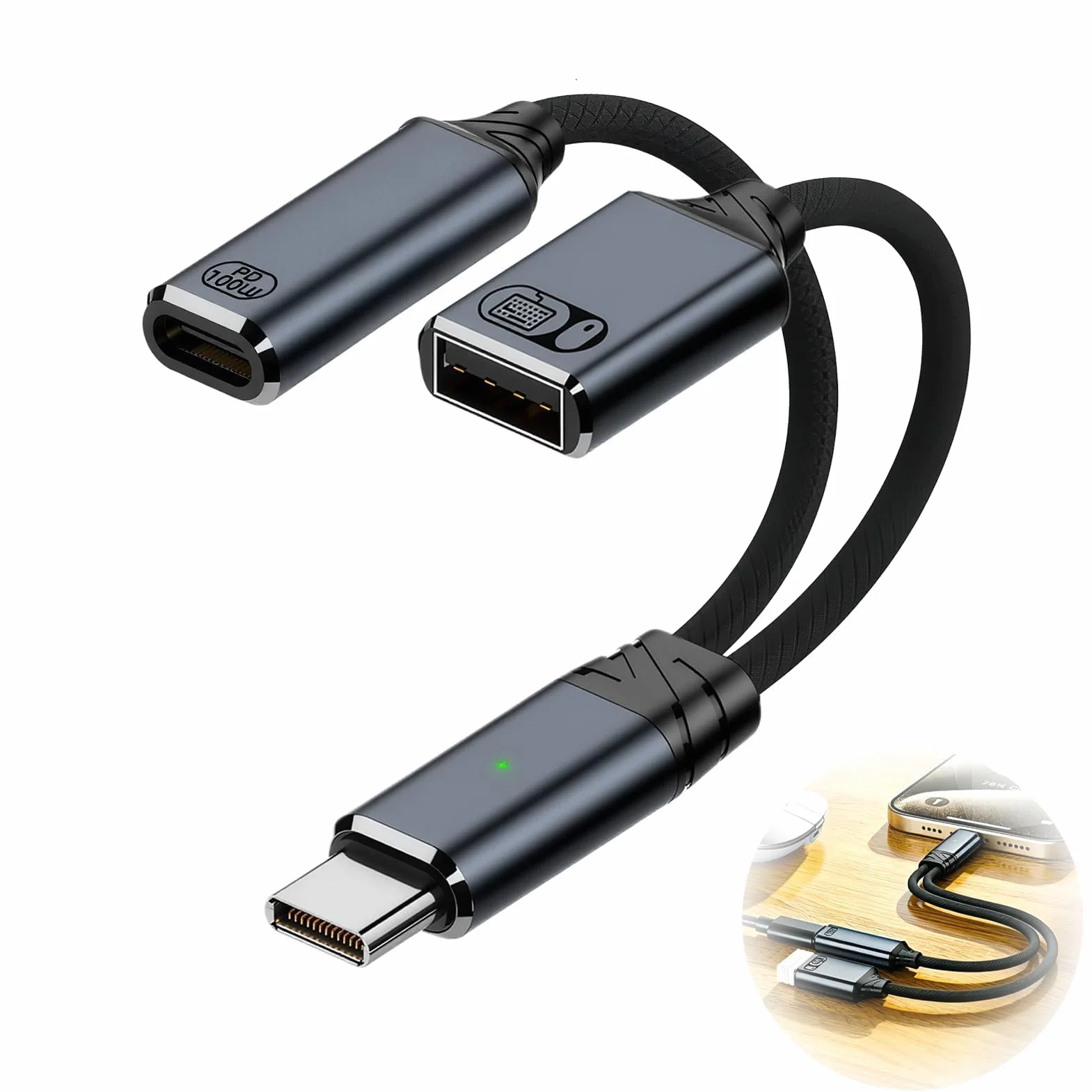 Adapter USB-C OTG 2 w 1, OTG Splitter typu C z zasilaczem USB-A 2.0 i szybkim ładowaniem PD 100 W, podwójny kabel rozgałęźnika do telefonu, komputera, telewizora, tabletu, szary