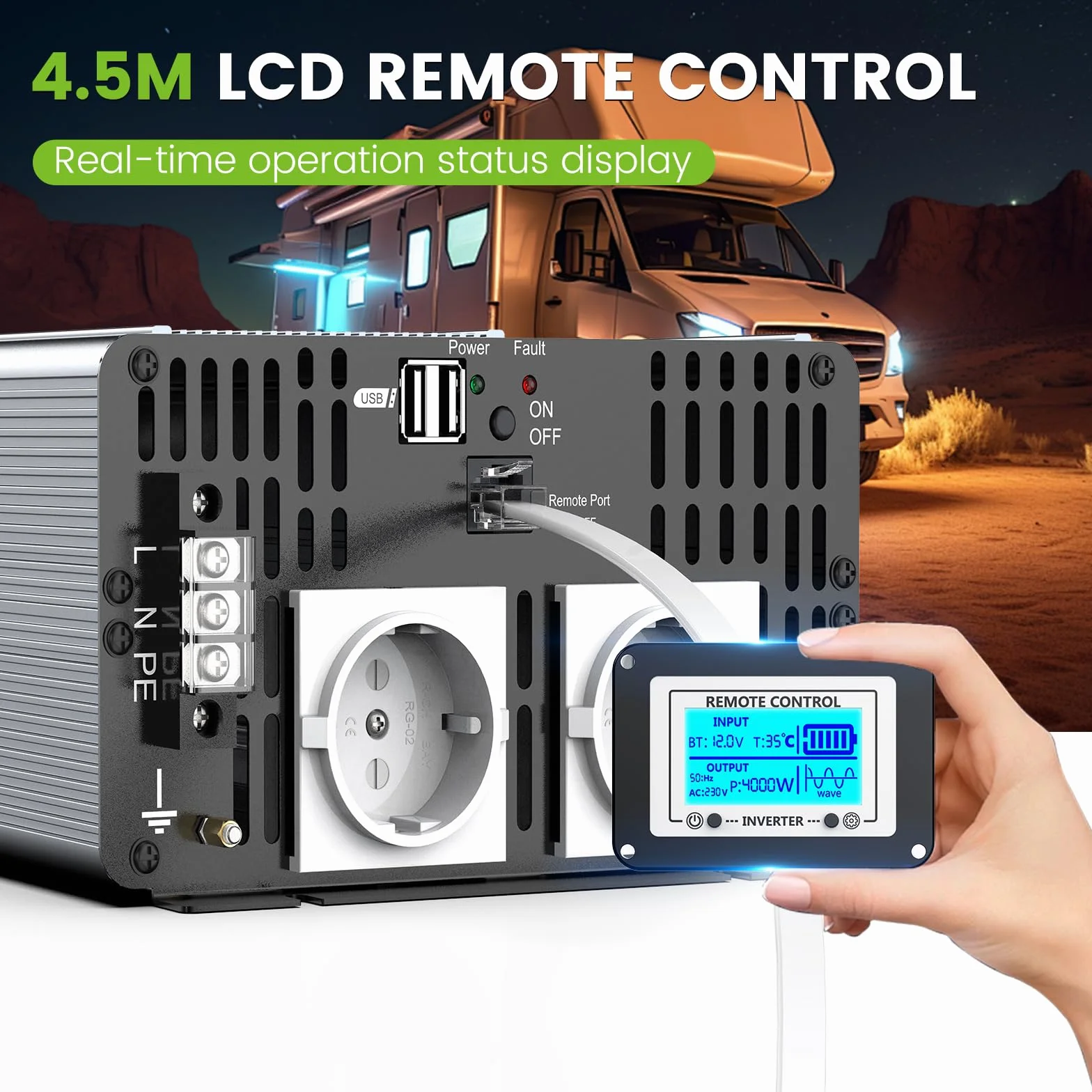 Falownik 12V 230V Czysty Sinus 2500W Przetwornica Napięcia z Pilotem Zdalnego Sterowania i Ekranem LCD & 2 Gniazdkami UE & 2 Port USB Solar Power Inverter do Samochodu,Przyczepy kempingowej,łodzi,na kemping