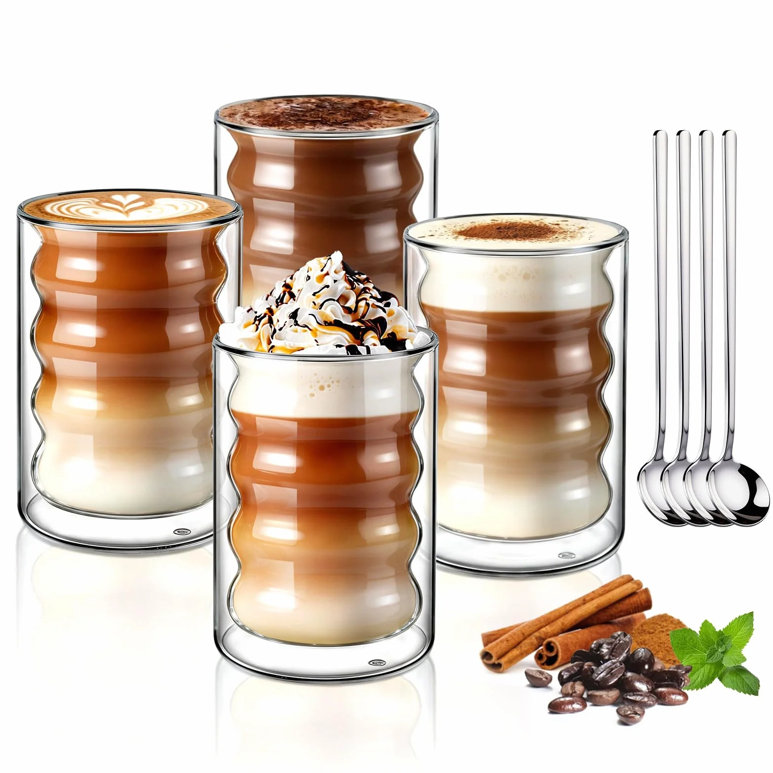 ecooe Szklanki do kawy o podwójnych ściankach, 350 ml, zestaw 4 sztuk, unikalne szklanki w kształcie spirali, szklanki do kawy, szklanki do herbaty, cappuccino, herbaty, lodów, mleka, prezent dla