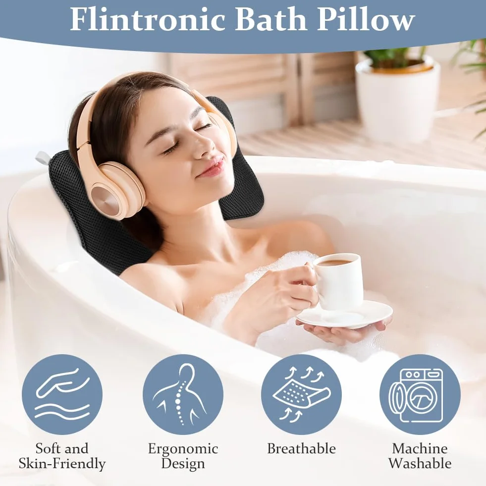 Flintronic Poduszka łazienkowa ergonomiczna oddychająca z siatki do wanny na głowę szyję ramiona plecy czarna