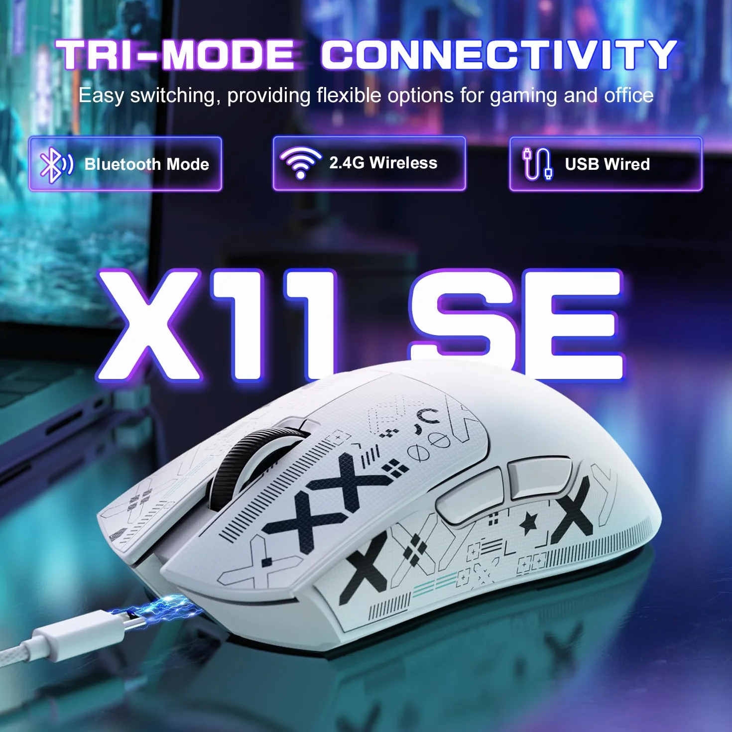 MAMBASNAKE X ATTACK SHARK X11SE Bezprzewodowa mysz do gier—do 22000 DPI,czujnik PixArt PAW3311,BT/2.4G/przewodowa,lekka 59g z taśmą,kliknięcia 2000W,przyspieszenie 40G,długa bateria,dla Win/Mac—Biała