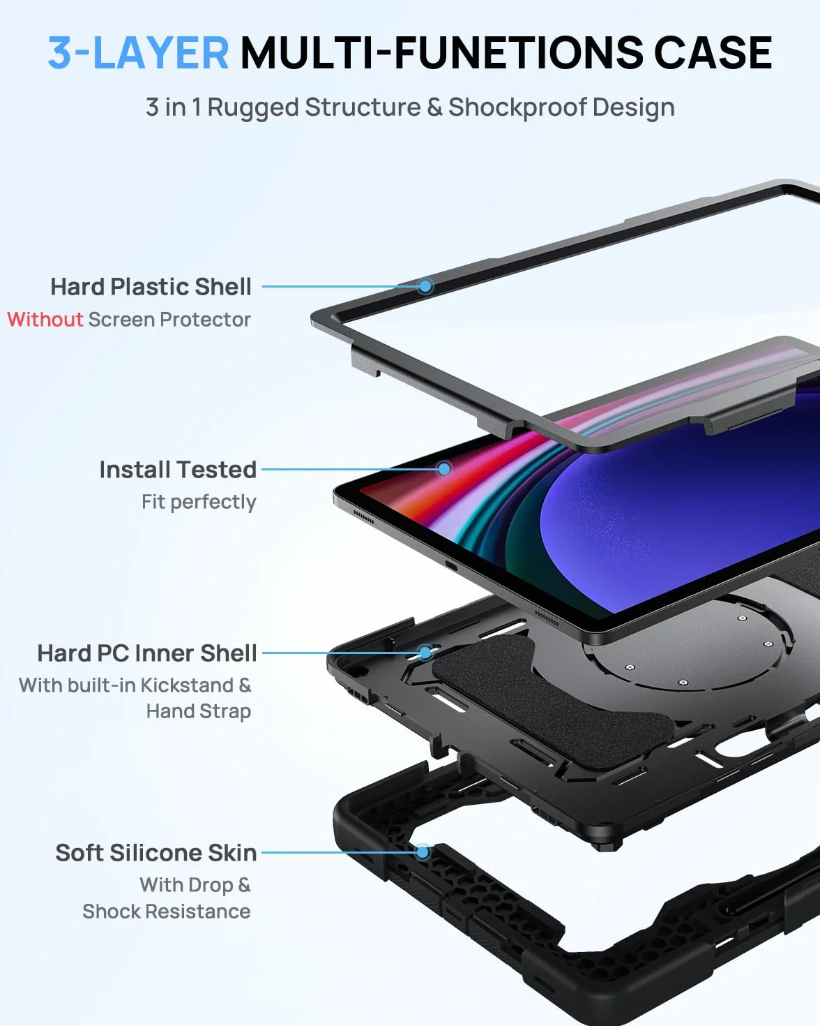 Gerutek Etui do Samsung Galaxy Tab S10 Plus/S9 FE Plus 12,4 Cala, Wytrzymałe, Odporne na Wstrząsy Etui z Obrotowym Podparciem 360 i Paskiem na Ramię do Tab S9+/FE+, Czarne