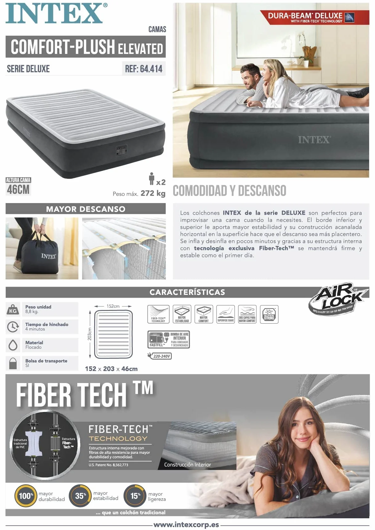 Intex Deluxe Dmuchany Materac Dwuosobowy 152x203x46 cm Beżowy Szary