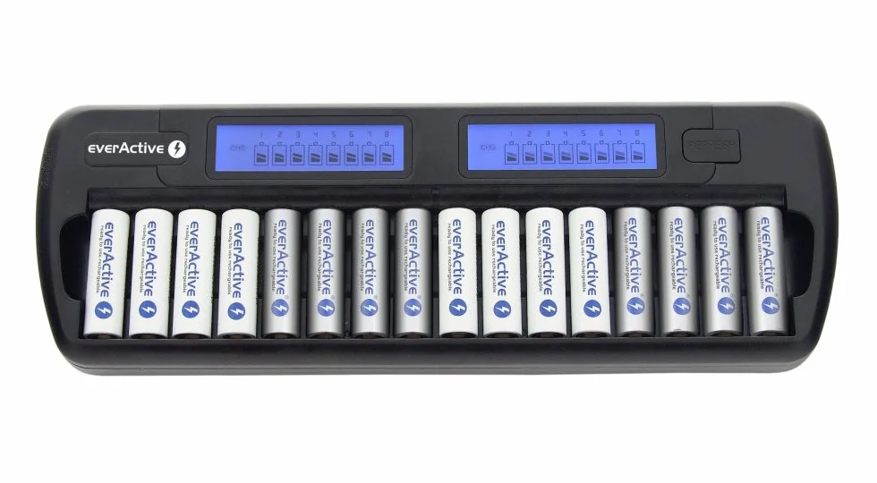 everActive Ładowarka do 16 akumulatorów AAA AA, szybkie ładowanie – 4 godziny zestaw akumulatorów, wyświetlacz LCD, tryb odświeżania, adapter samochodowy, model: NC-1600