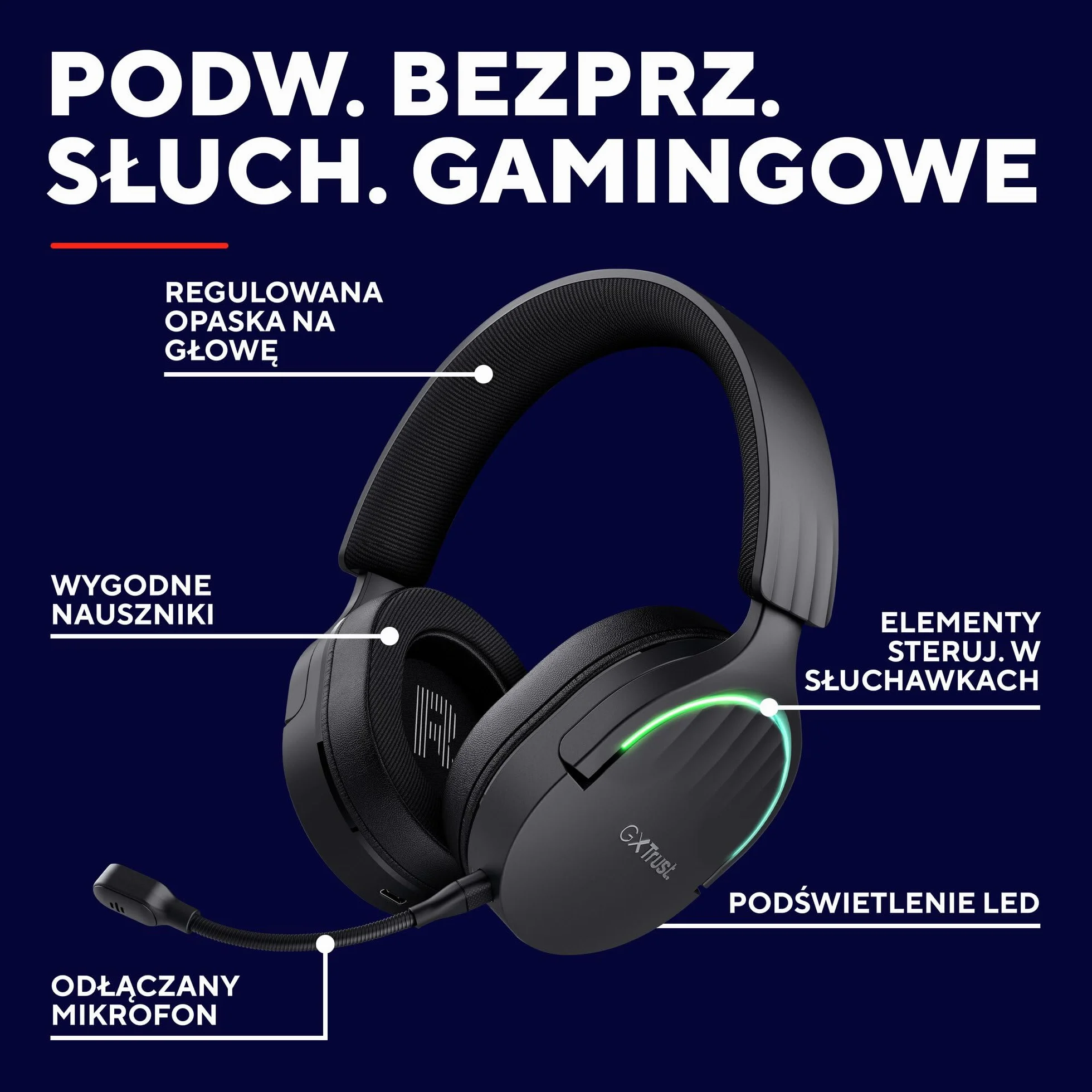 GXTrust 491 Fayzo zestaw słuchawkowy gamingowy Bluetooth 2,4 GHz dźwięk przestrzenny 7.1 czas pracy baterii 22 h bezprzewodowy headset RGB wokółuszny czarny