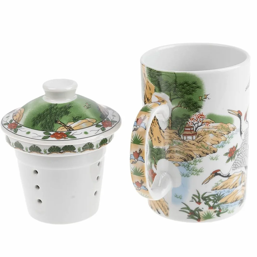Porcelanowy kubek do zaparzania z zaparzaczem i pokrywką chiński krajobraz ptaki długowieczności tradycyjna zastawa stołowa