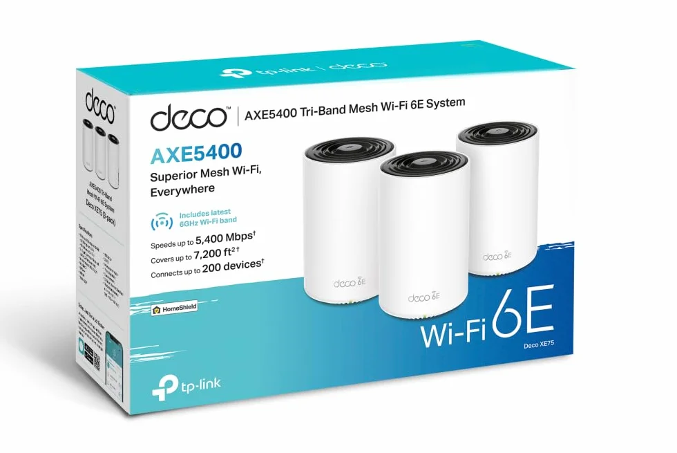 TP-Link Deco XE75 (3 szt.) – System Mesh Wi-Fi 6E AXE5400, trzy pasma, 6GHz, Mesh AI, port 2.5G, zasięg do 670m² – do domu inteligentnego i streamingu 8K