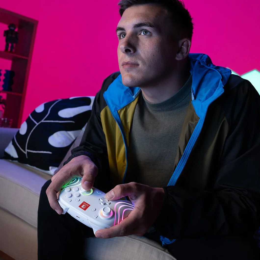 PDP Afterglow Wave Wireless Pro Controller for Nintendo Switch OLED, 8 RGB LED Zones, 30ft Range, 20H Battery White