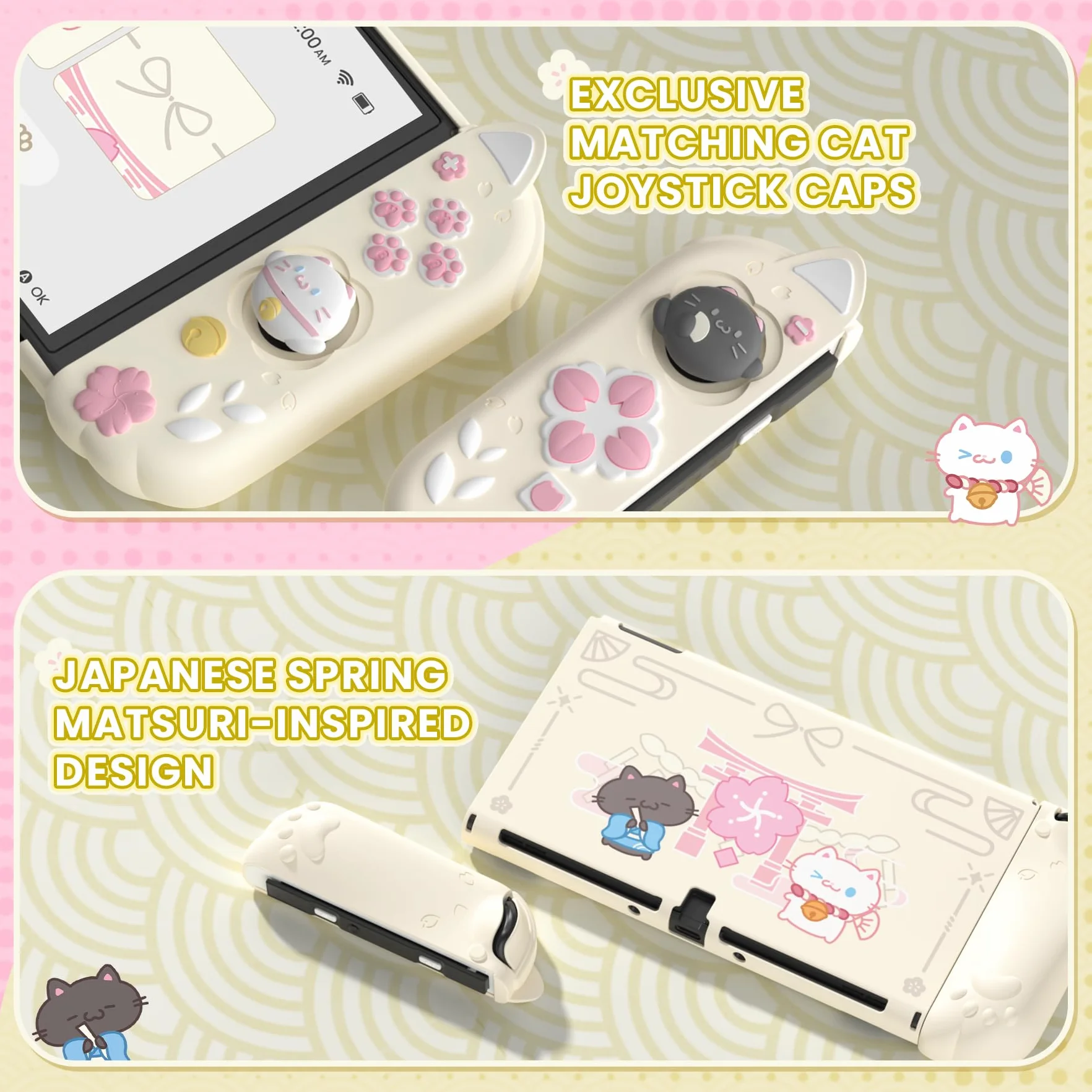 PlayVital Etui Ochronne do Switch OLED z Podpórką & Nakładkami na Joysticki,Twarda Obudowa Kompatybilna z Switch OLED Dockiem i Silikonowy Grip do Joyconów – Antyczna Żółć, Kotek & Kwiaty Wiśni