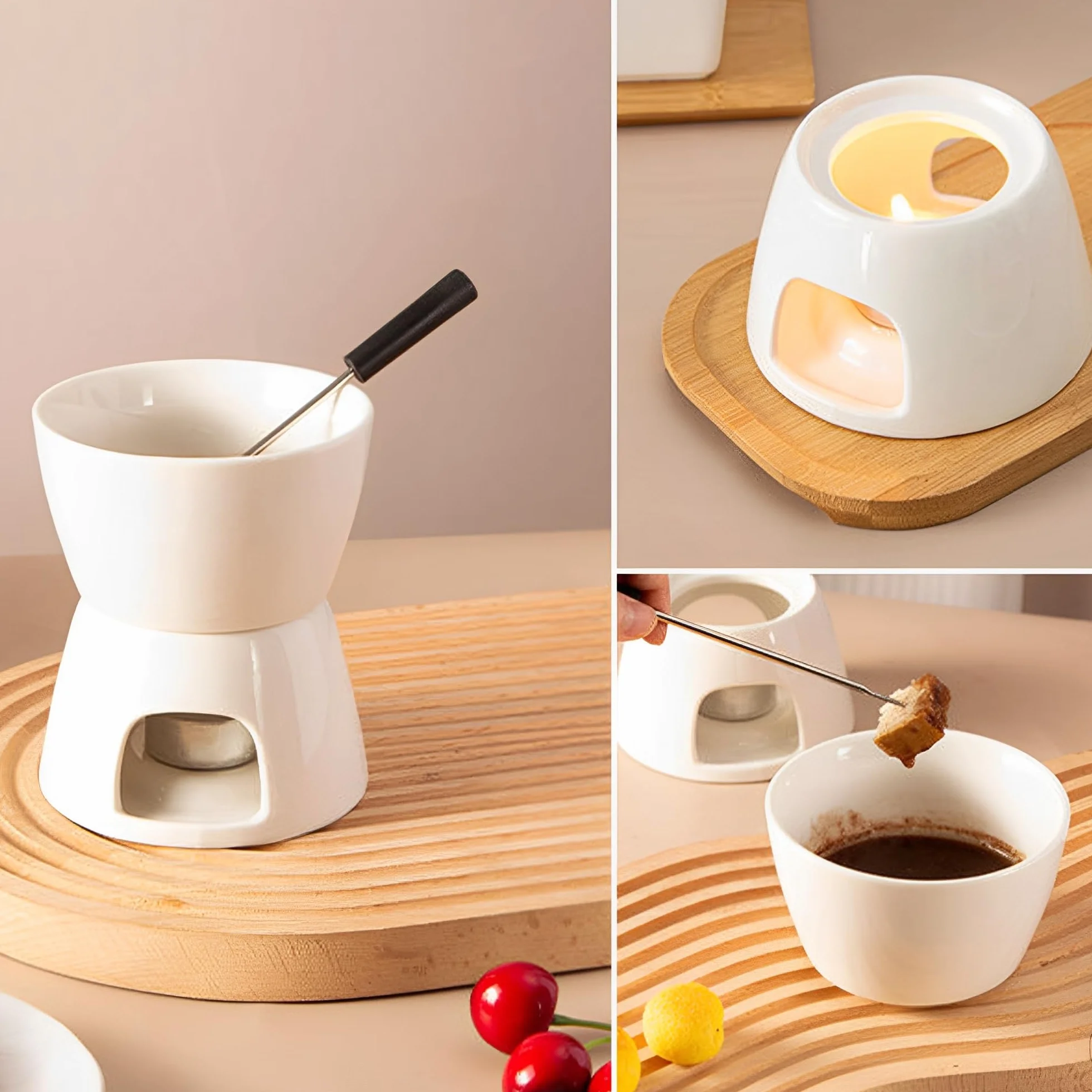 Zestaw garnków do czekoladowego fondue, kompletny zestaw do serowego fondue ze świecą i 4 widelcami, mini garnek do czekoladowego fondue, porcelanowy garnek do topienia, do domu,Biały