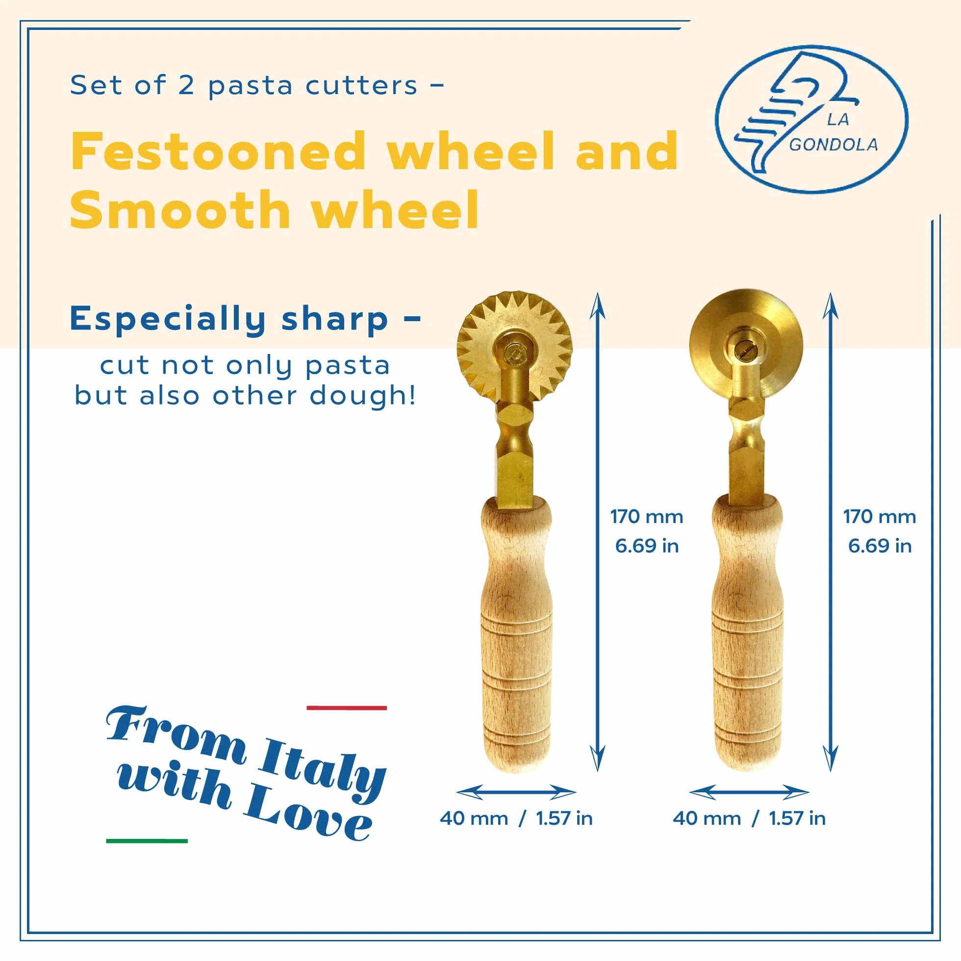 LaGondola Roulette à pâtes professionnelle pour raviolis, manche en bois naturel intemporel et tête en laiton durable (lot de 1 roue navettée et 1 roue lisse)