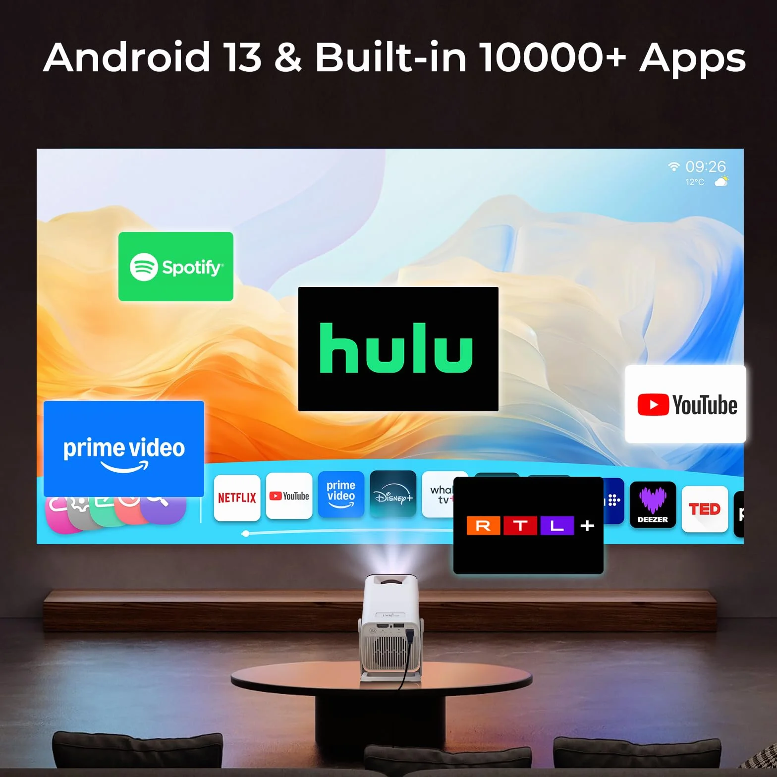 [Kompatybilny z Netflix i Android 13] Mini projektor 1080P z WiFi 6 i Bluetooth 5.4, Auto Keystone, obsługa 4K, wbudowane aplikacje, certyfikat Google CTS, kompatybilny z iOS/Android/TV Stick, LYNCAST
