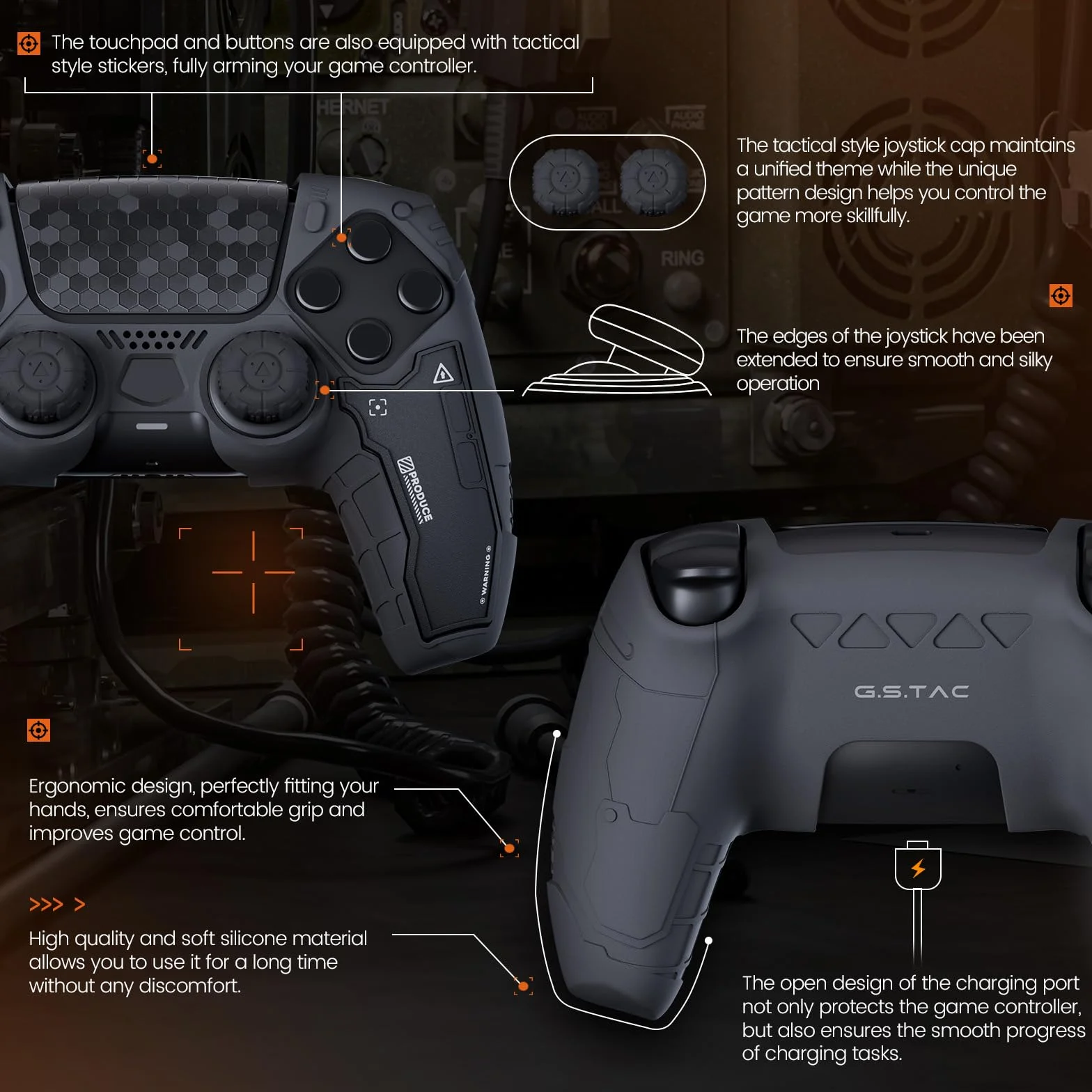 GeekShare Czarny zestaw skórek kontrolera PS5 Antypoślizgowy silikonowy pokrowiec ochronny do bezprzewodowego kontrolera PS5 z 2 nakładkami na kciuki i 2 naklejkami