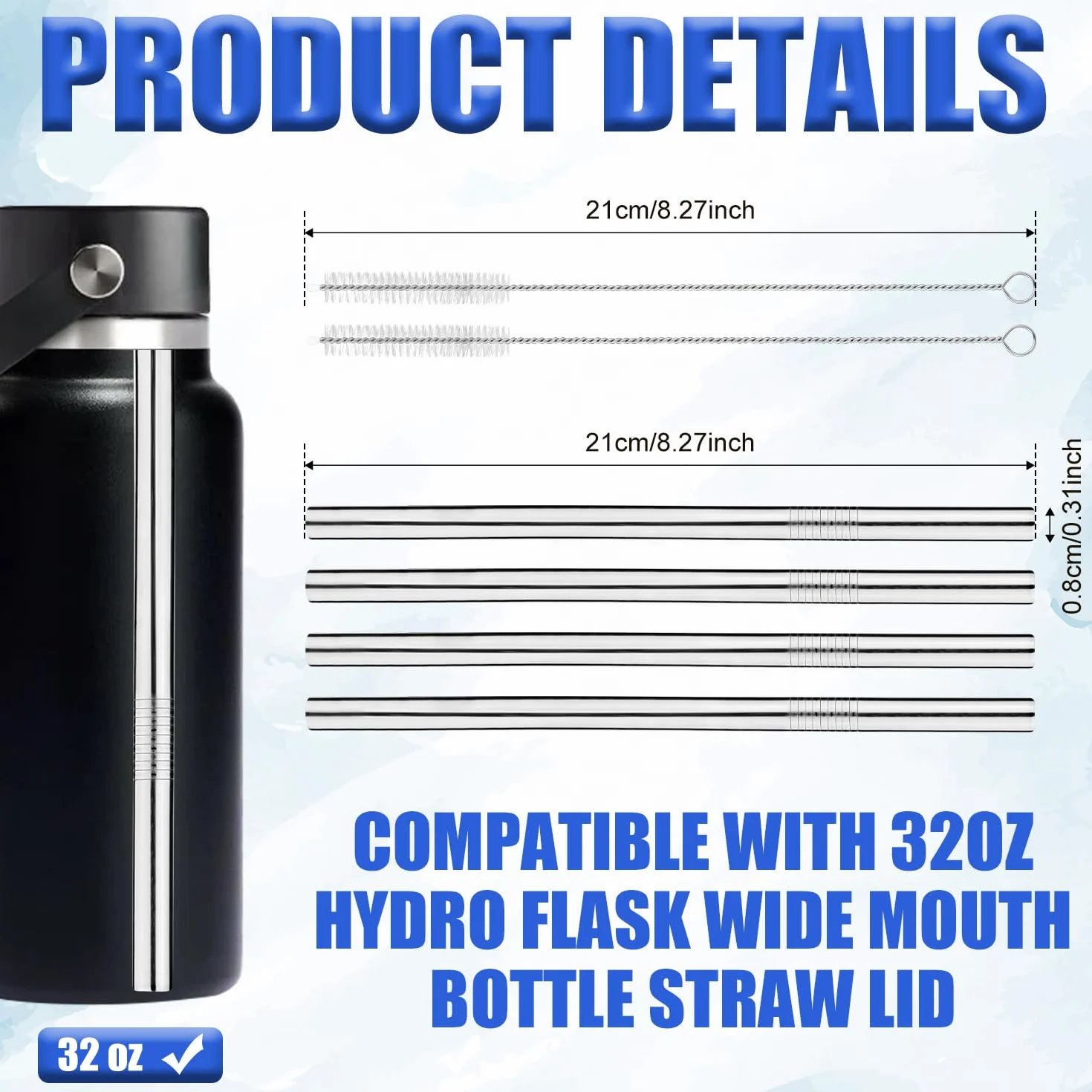 Metalowe Slomki Zamienne do Hydro Flask 4szt, Stal Nierdzewna z 2 Szczotkami, Akcesoria do Butelki 32oz Szeroka Szyjka