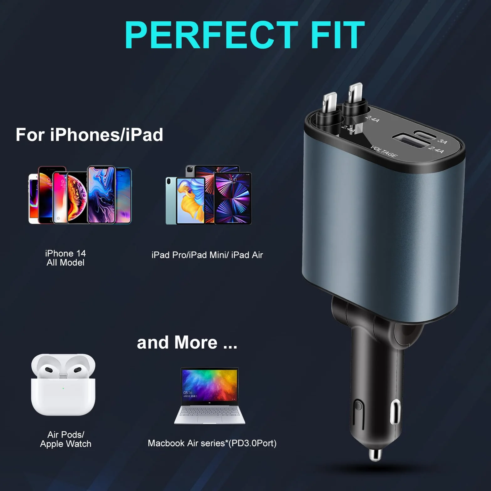 AXFEE Wysuwana ładowarka samochodowa, szybka ładowarka samochodowa 4 w 1, kompatybilna z iPhone'em 14, 13, 12, 11 Pro Max/Mini/XS/X/8/7/6/SE, z 2 chowanymi kablami Lightn-ing, ładowarka samochodowa do