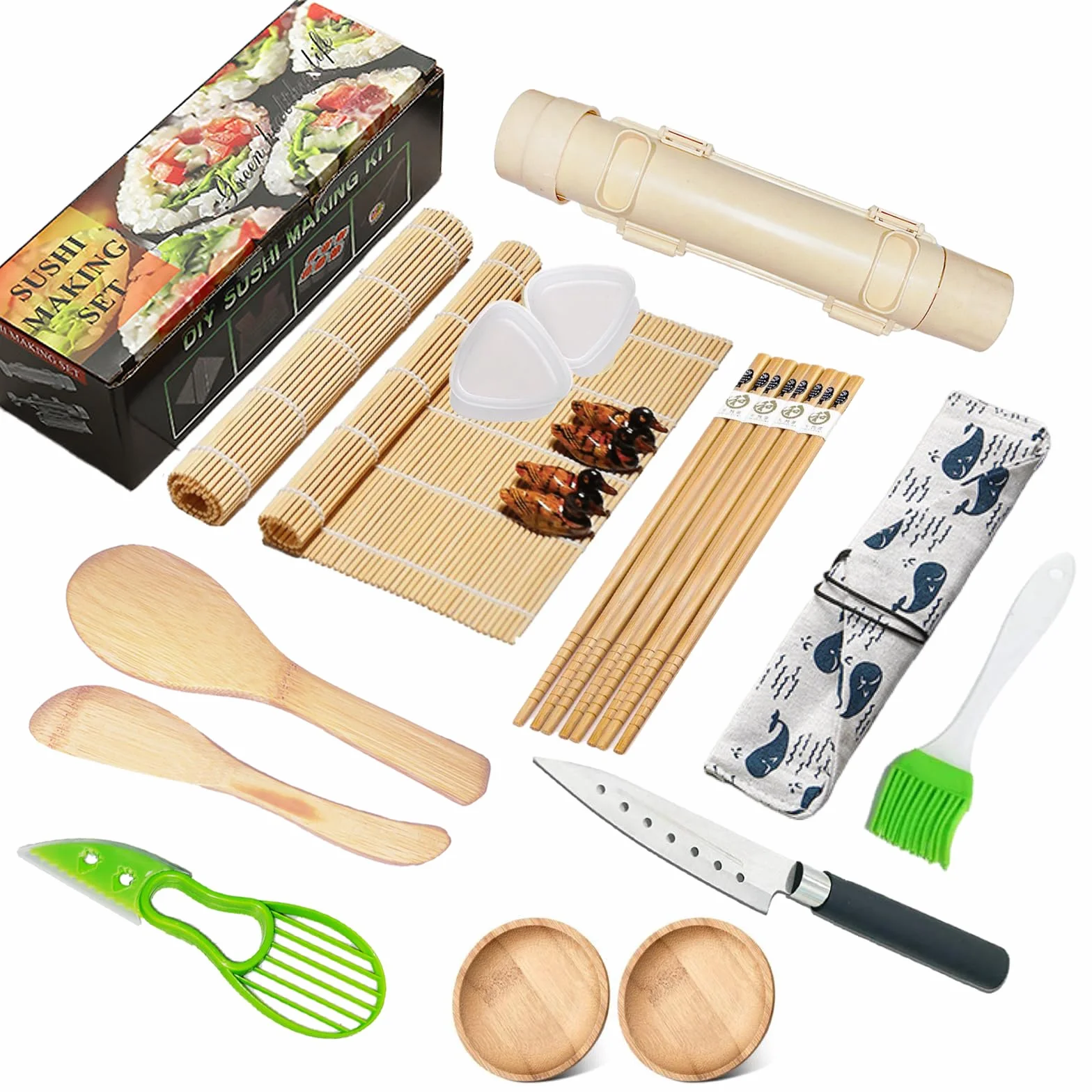 Zestaw do robienia sushi, kompletny 22-częściowy profesjonalny zestaw do robienia sushi z wałkiem do sushi, formą Onigiri, bambusowymi matami do sushi, wiosłem do ryżu, nożem do sushi, naczyniami do