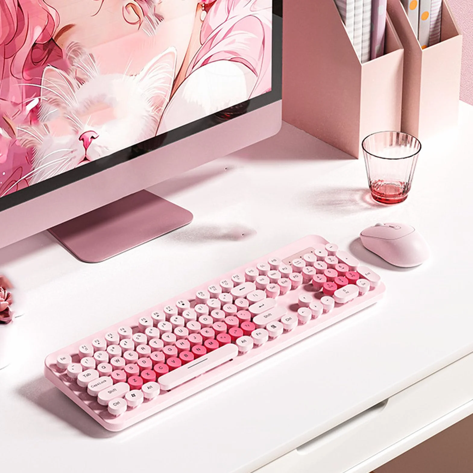 Topiky Bezprzewodowa Klawiatura i Mysz Retro 104 Czerwona Ciche Okrągłe Klawisze (PINK)