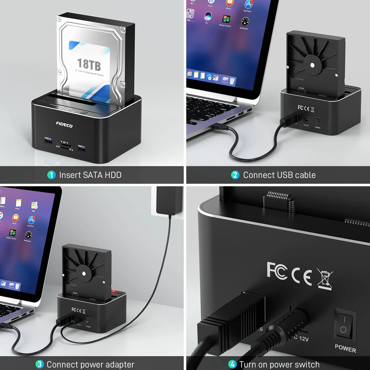FIDECO Stacja dokująca do dysków twardych, aluminiowa stacja dokująca USB 3.0 do dysków twardych 2,5" / 3,5" SATA HDD SSD, czytnik kart TF i SD, obsługa klonów offline