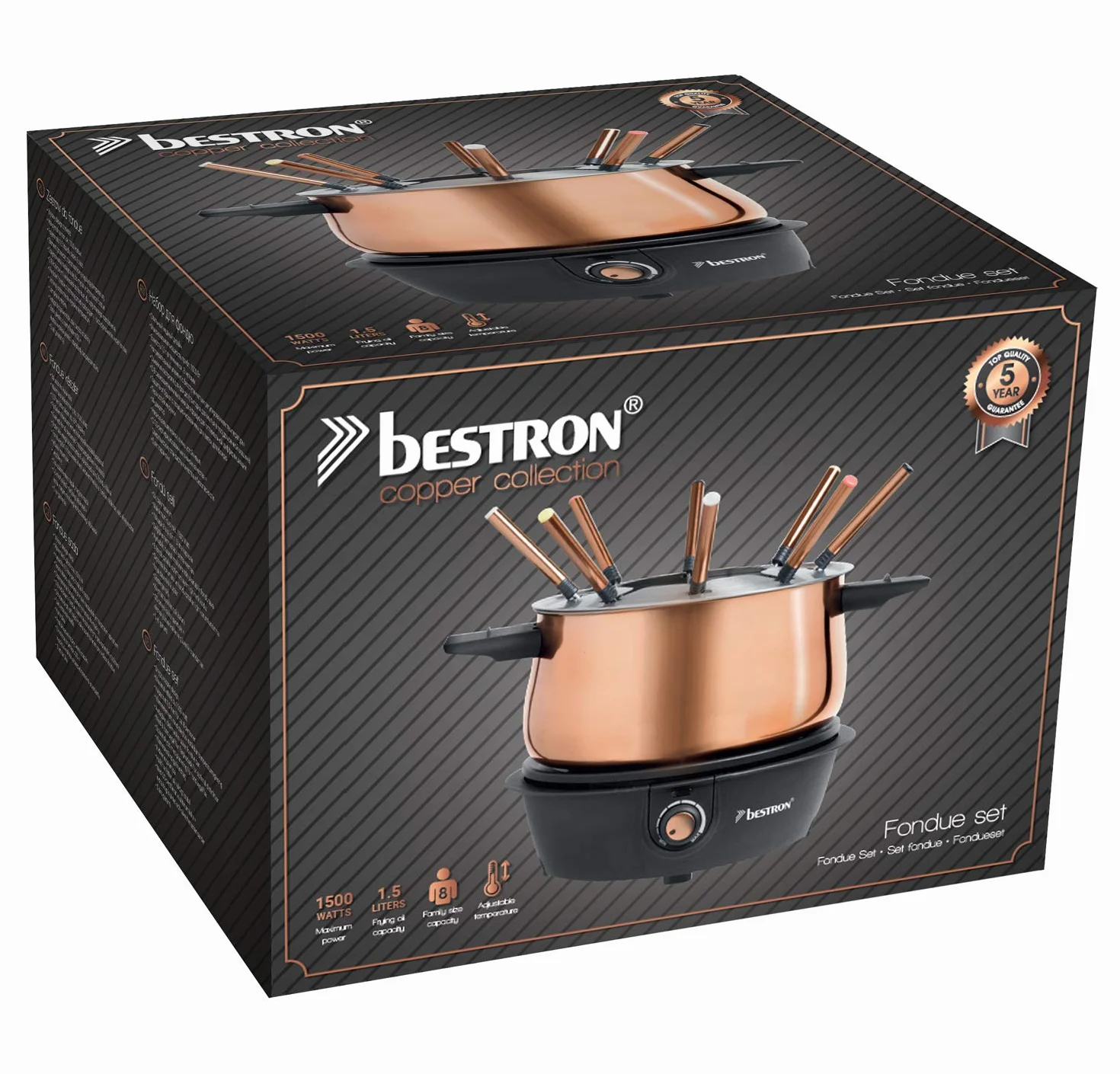 Bestron Elektryczny zestaw do fondue 8 osób 8 widelców termostat kolor miedź
