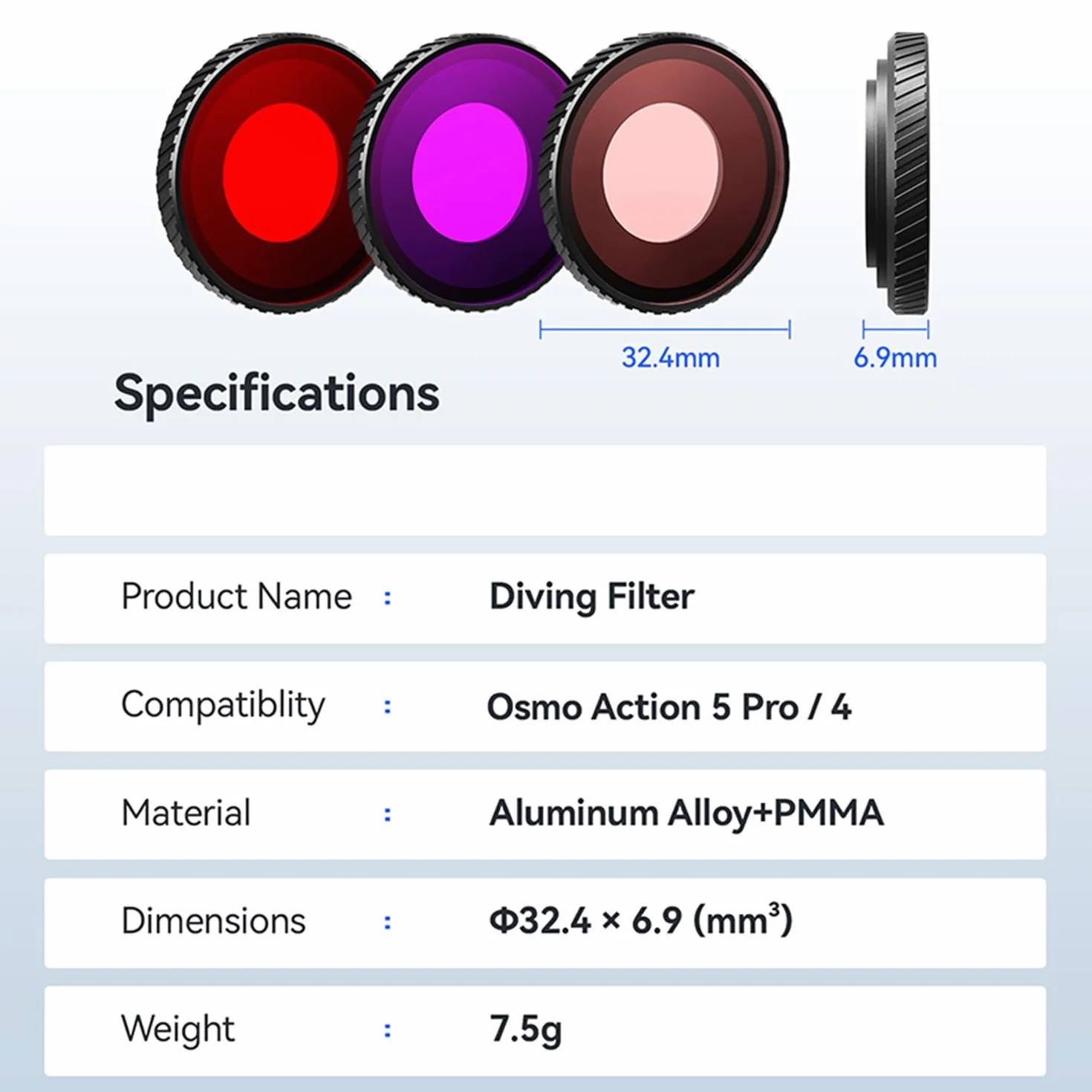 Wodoodporny filtr do nurkowania ochronny filtr obiektywu do aparatu sportowego DJI Osmo Action 5 Pro / Action 4, ochrona przed zaparowaniem, osłona podwodnego obiektywu, filtr (jasnoczerwony)