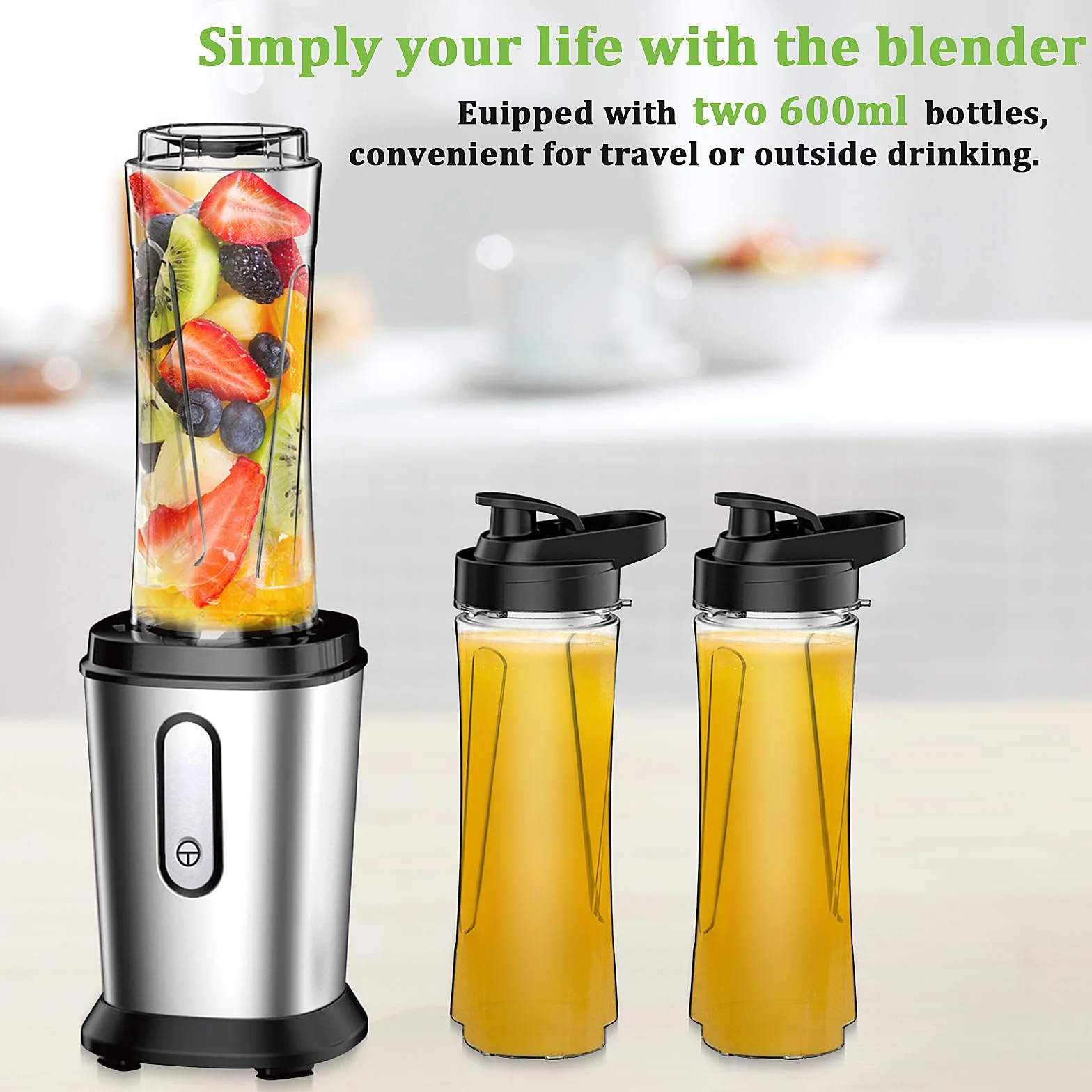 Mikser 500 W, mini stojący, smoothie Maker z butelkami 2 x 600 ml, bez BPA, tritan, przenośny z stali nierdzewnej, 4 arkusze do shake, do smoothie i posiłków