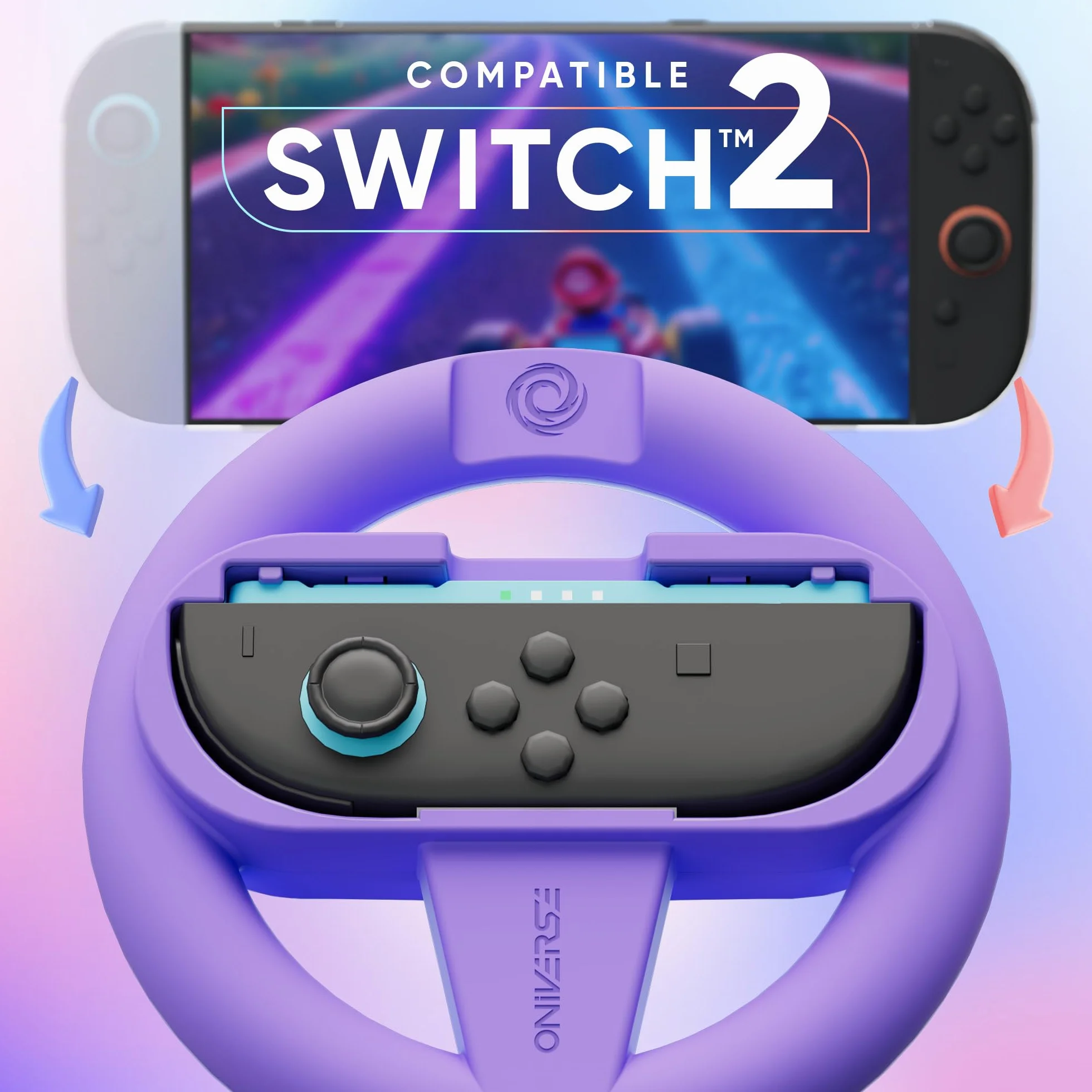 Oniverse Zestaw 4 Kierownic do Konsoli Switch 2 – Akcesoria do Switch 2 do Mario Kart, Uchwyt Kierownicy Pomarańczowy, Niebieski, Zielony i Fioletowy, Intuicyjny, Dostępne przyciski SL/SR, Dla Joy-Con