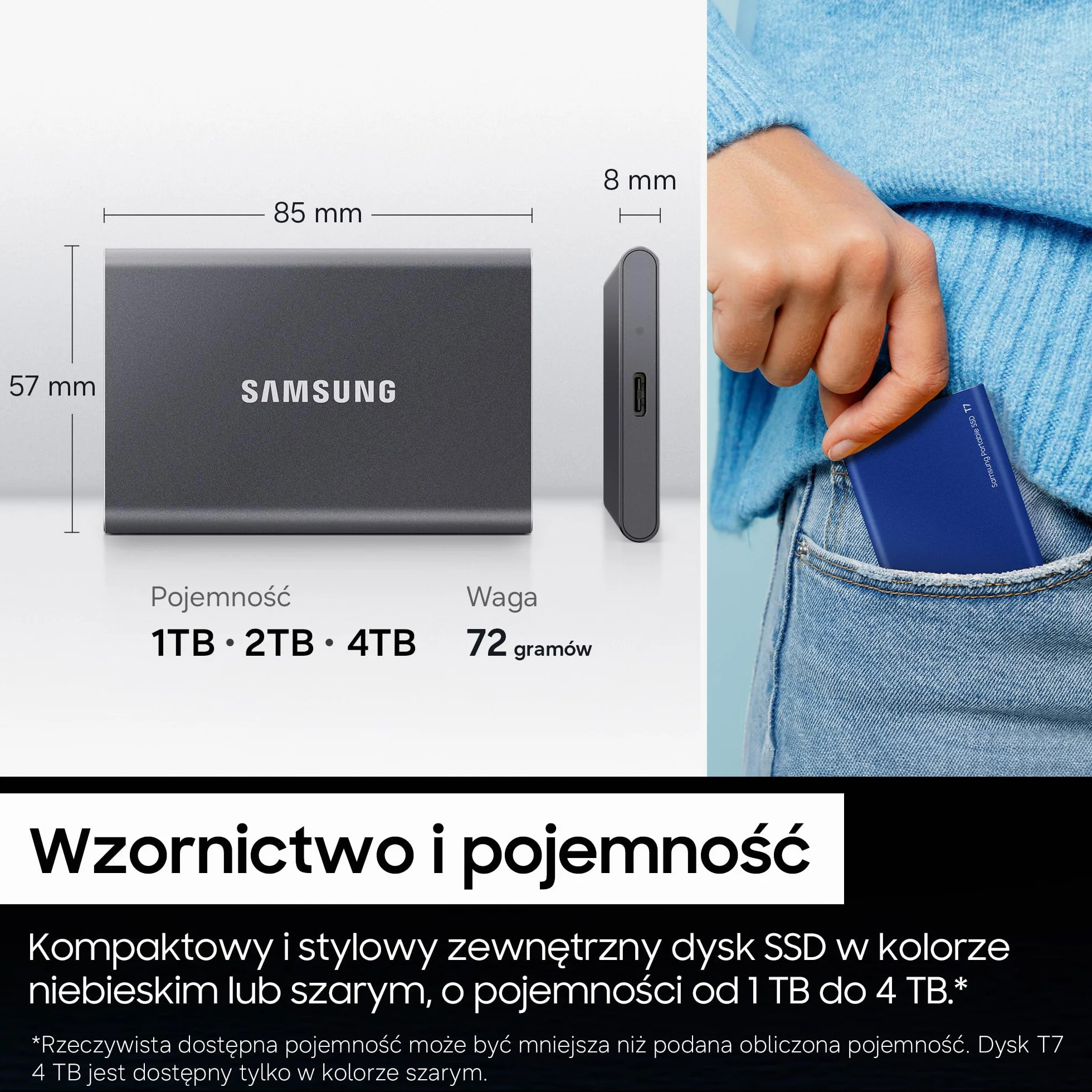 Przenośny dysk SSD Samsung T7, 2 TB, USB 3.2 Gen 2, odczyt 1050 MB/s, zapis 1000 MB/s, zewnętrzny SSD do iPhone'a 15+, komputerów Mac i PC, smartfonów i konsol do gier, niebieski, MU-PC2T0H/WW