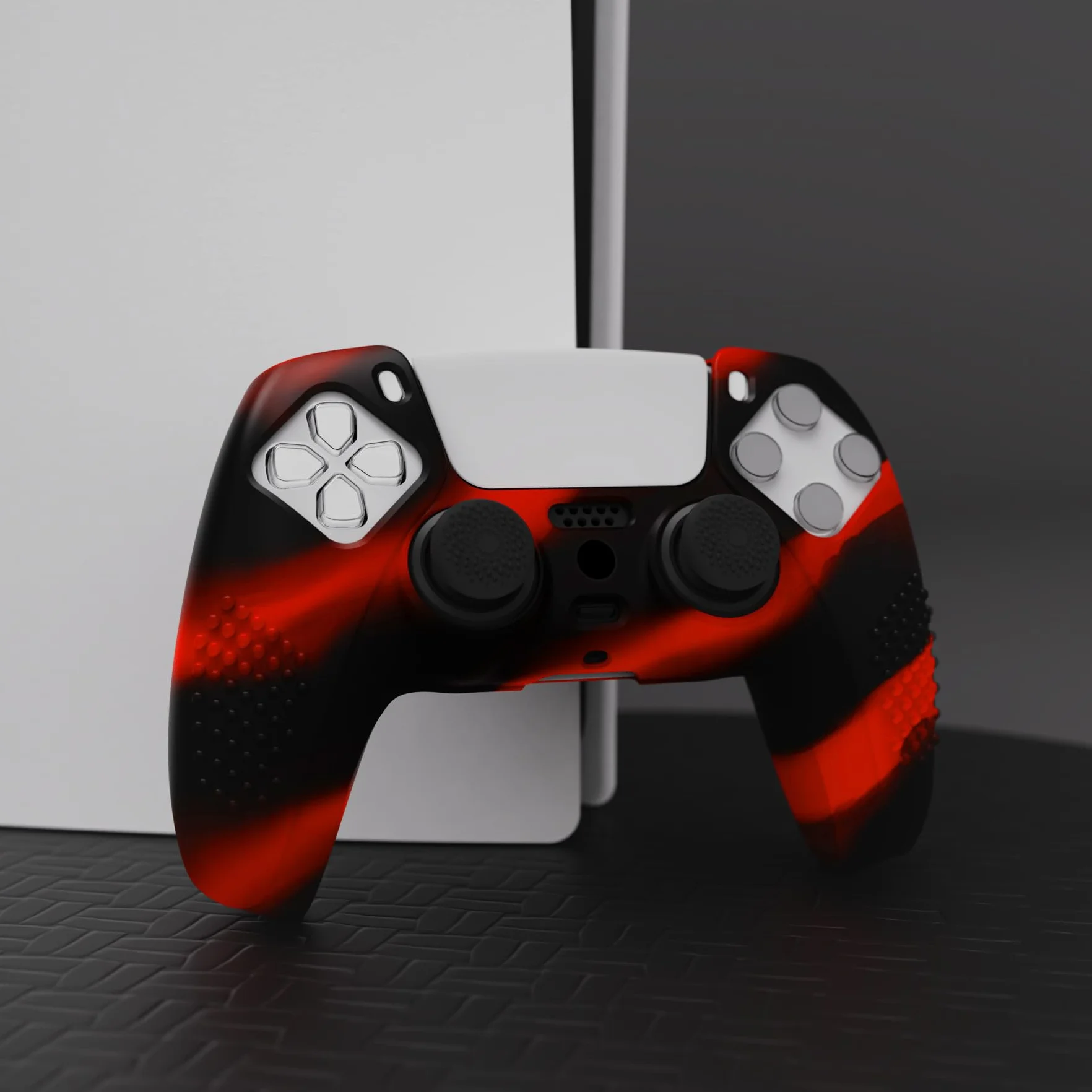 eXtremeRate PlayVital Antypoślizgowe Pokrowiec Ochronny do ps5 Kontrolera,Gumowe Ochraniacz Skóry do ps5,Silikonowe Etui z 6 szt Nakładkami Joysticka-Czerwony & Czarny(3D Studded Edition)