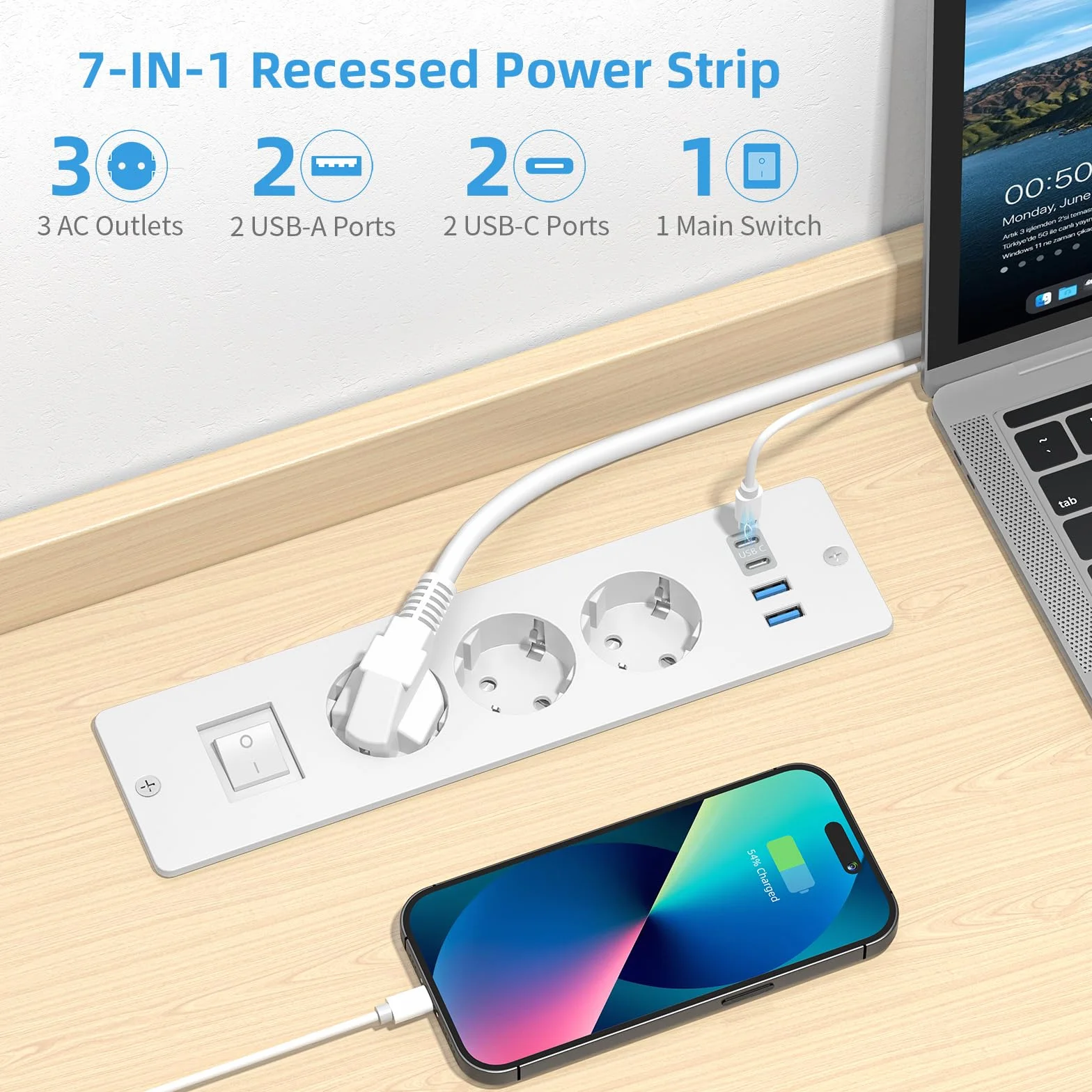 Blat wpuszczane gniazdko z USB C, 3 gniazda do zabudowy, listwa zasilająca z przełącznikiem, gniazdko stołowe, z kablem 2 m, do stołu konferencyjnego, blatu roboczego, stolika kawowego (biała)