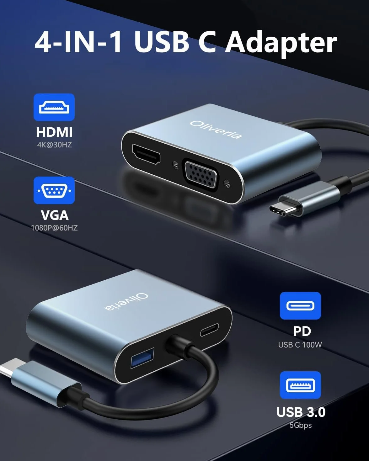 Oliveria 4K 30 Hz 4-w-1 USB C Multiport Adapter - HDMI VGA Thunderbolt 3, PD 100 W złącze ładowania, USB 3.0 do MacBook/MacBook Pro/Air, Chromebook, Dell, HDTV, Galaxy