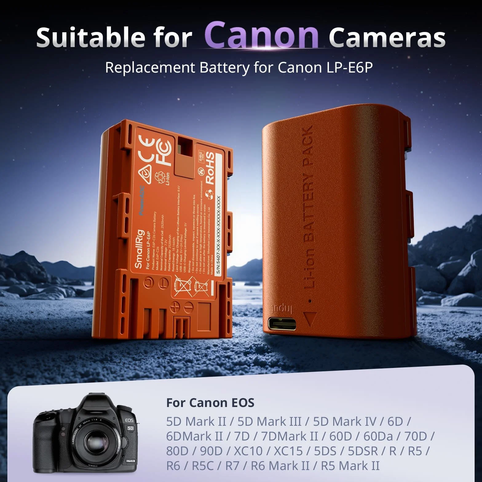 SMALLRIG Akumulator LP-E6P, 2520 mAh, zamienny akumulator USB-C do Canon EOS R5 Mark II, R6 Mark II R5, R6, R7, 5D Mark II, 5D Mark IV, 60D, 70D, 80D, 90D, szybkie ładowanie do 2,5 godziny-5407