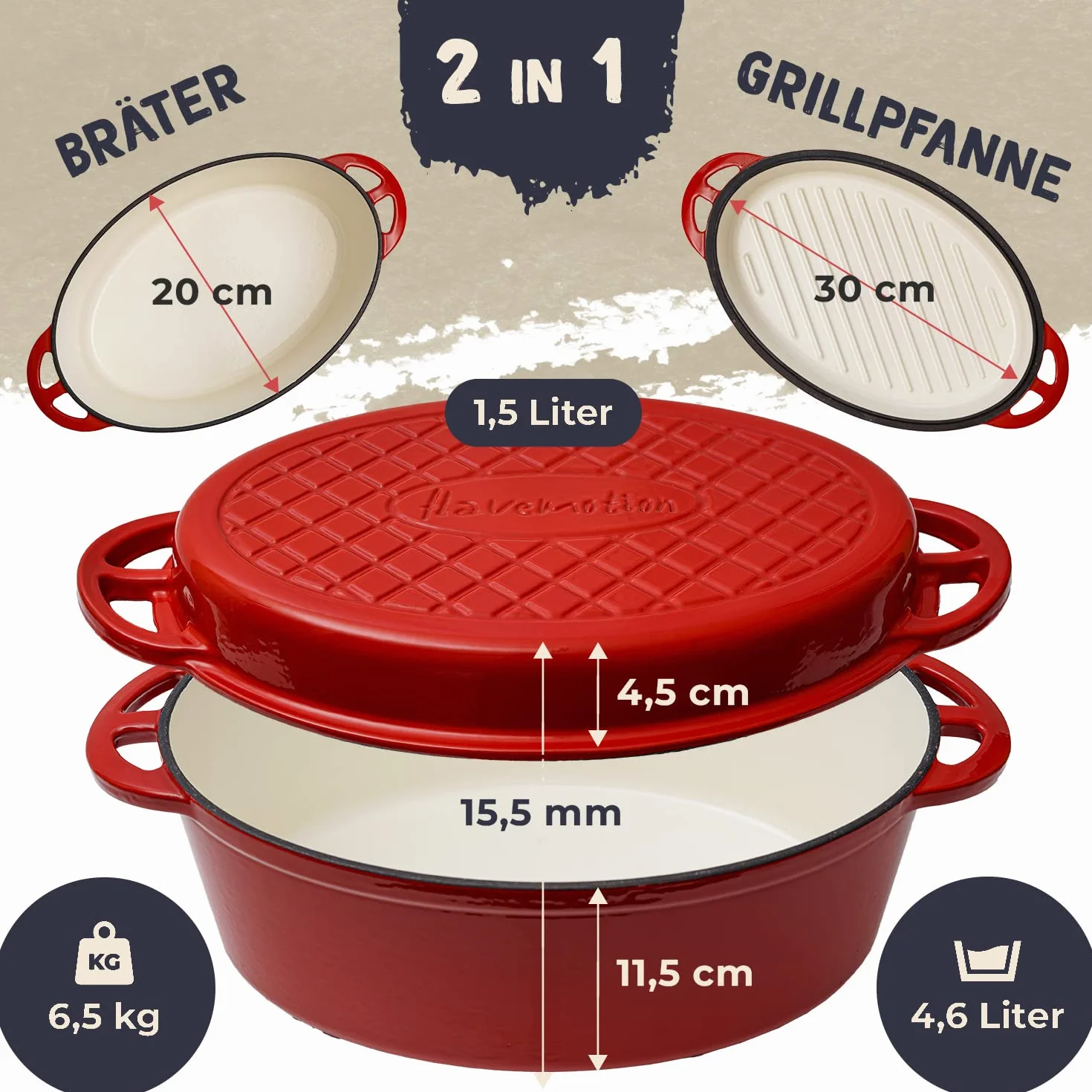 FLAVEMOTION Żeliwny garnek z pokrywką 30 cm owalny 6,5 kg emaliowany czerwony do pieczenia chleba duszenia indukcyjny