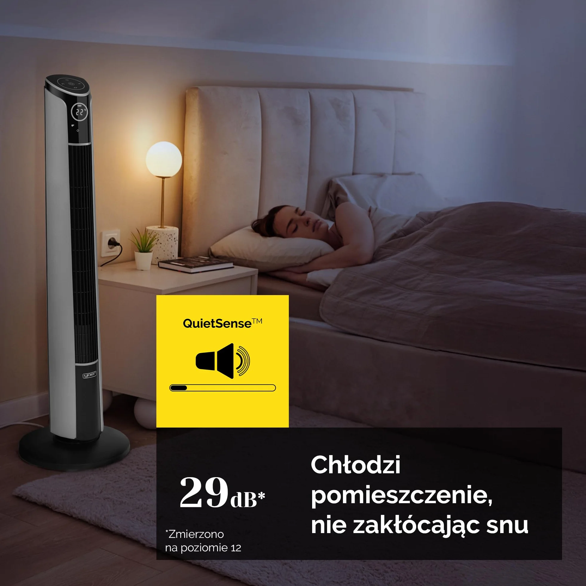 Yoer 29 dB Cichy wentylator kolumnowy, Jonizator, 10 m Zasięg nawiewu, Regulacja kąta nachylenia, 12 poziomów prędkości, 4 tryby pracy, 12h Timer, 90° Oscylacja, Pilot, Wi-Fi, Verto TF01S, szary
