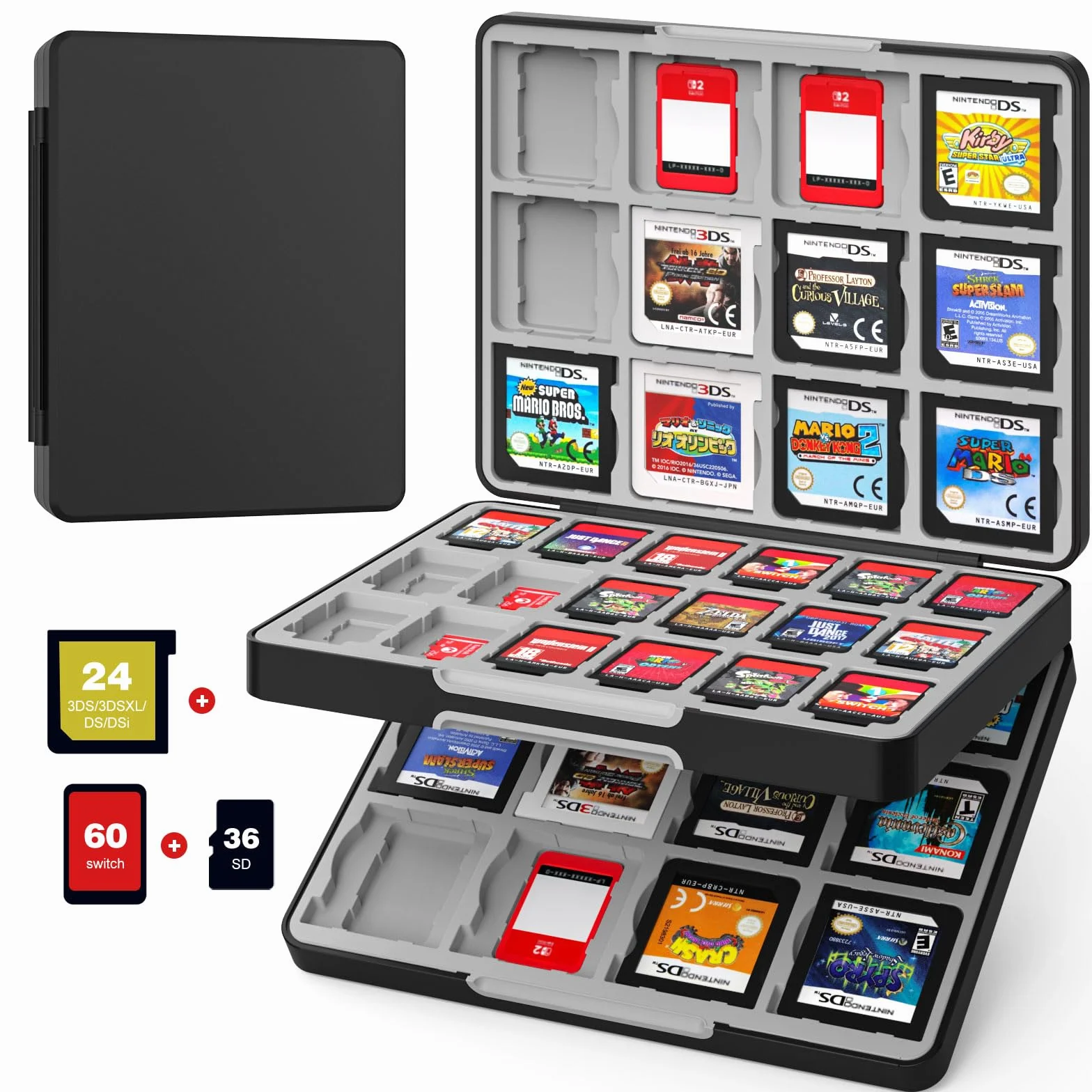 MoKo 60 Game Card Case for Nintendo Switch 2 / Switch OLED / 3DS / 3DSXL, Portable Storage Holder Case for 60 Switch 2 Game Cartridges & 24 3DS Card & 36 Micro SD Cards, Black