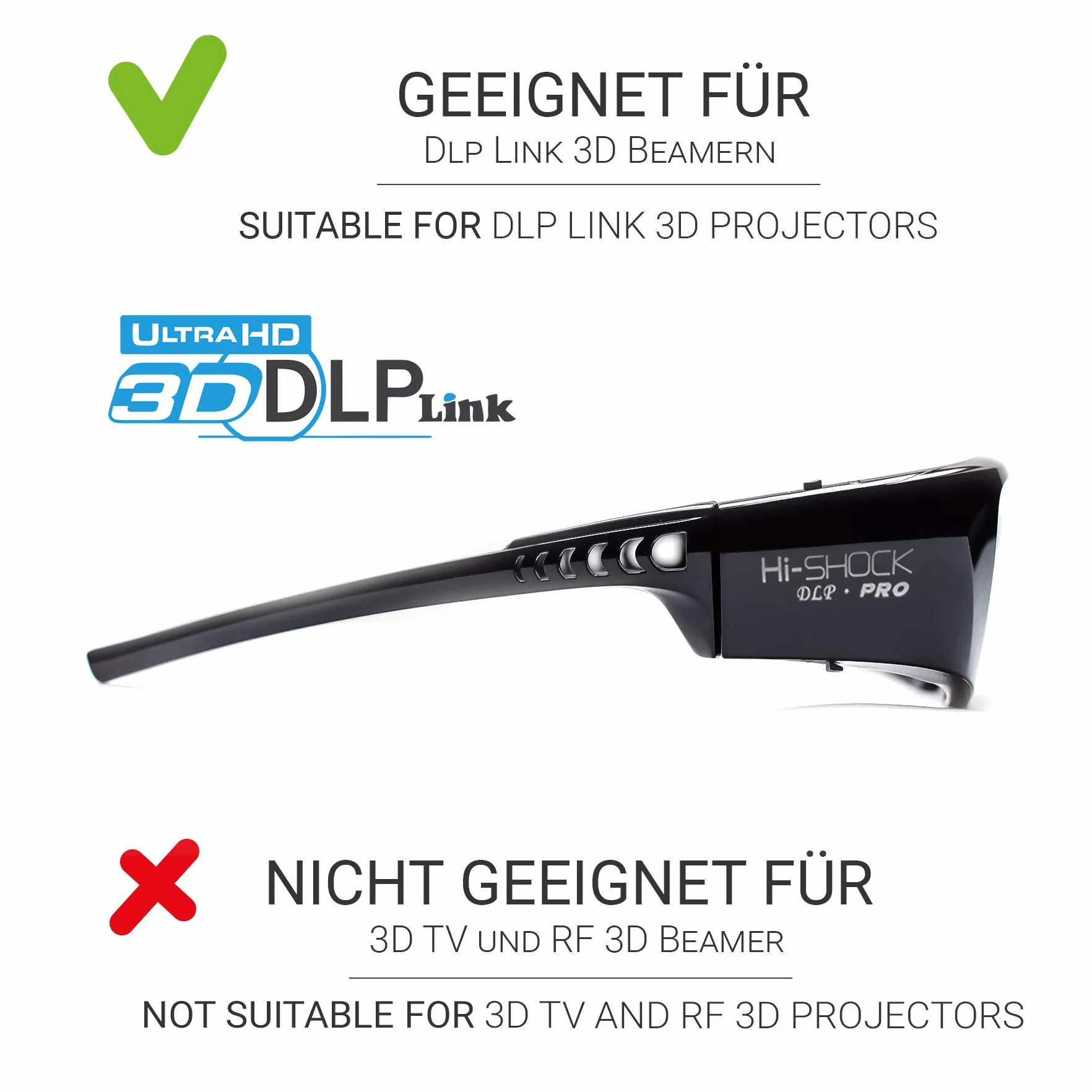 2X Hi-SHOCK DLP Pro 7G Black Diamond okulary DLP Link 3D do wszystkich projektorów DLP 3D | kompatybilne z Optoma, Ace, Benq, Vivitec, Viewsonic, LG [najnowszy generacji]