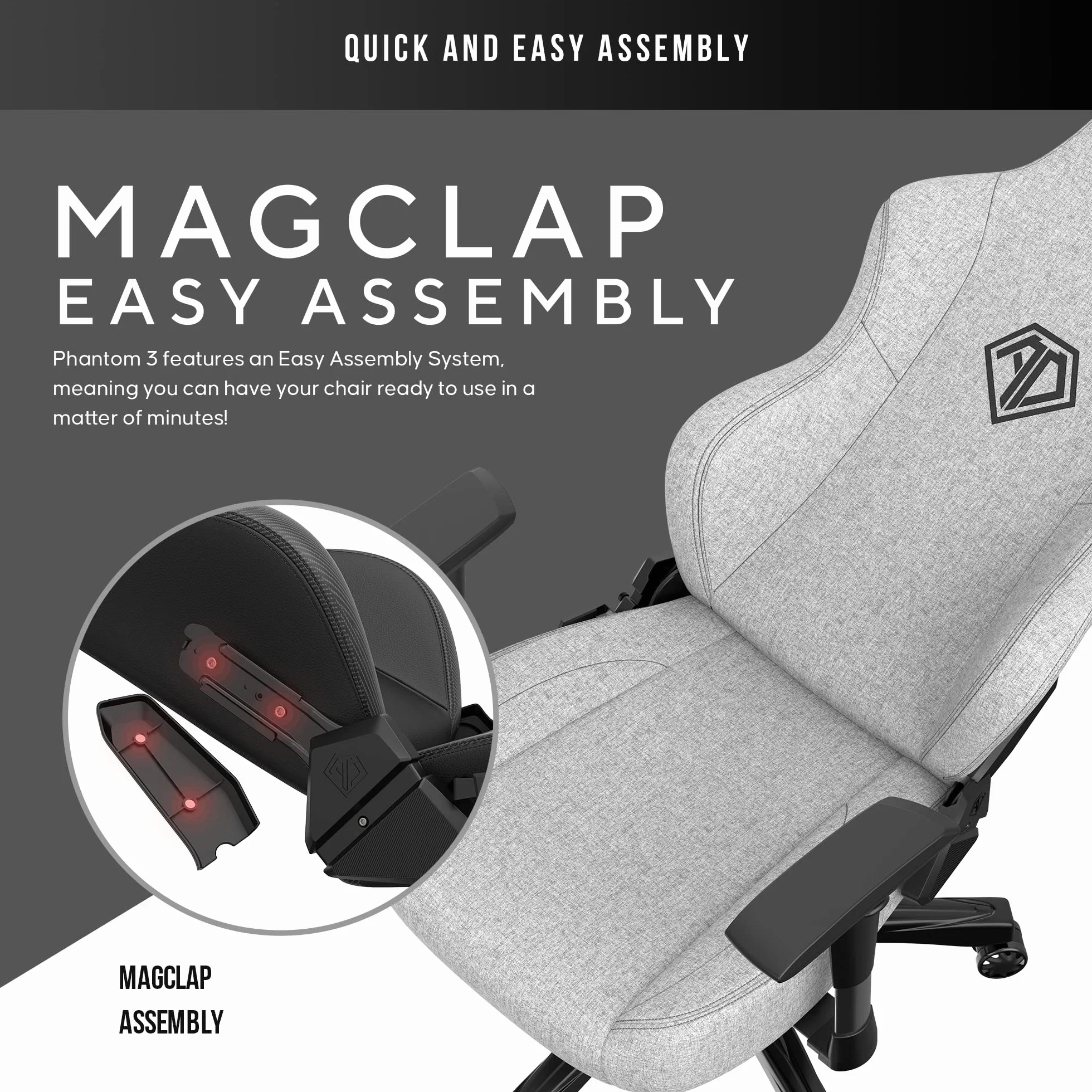 AndaSeat Phantom 3 Series Premium krzesło biurowe dla graczy, szara tkanina, głębokość siedziska 52 cm