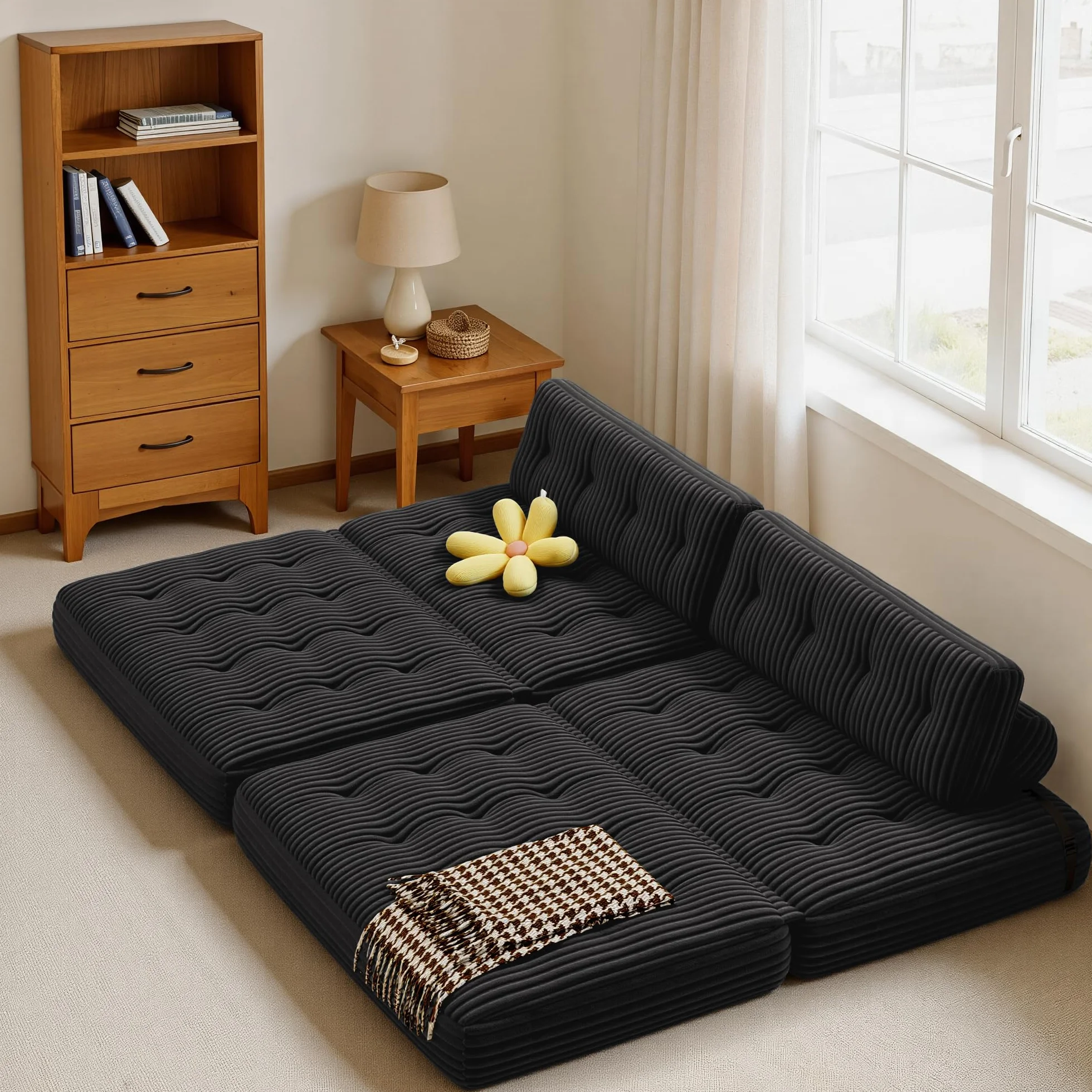 Xbro Składana sofa z funkcją spania 2 w 1, regulowane oparcie, materiał sztruksowy z pianki, 180 x 85 cm, zajmuje mało miejsca, czarna