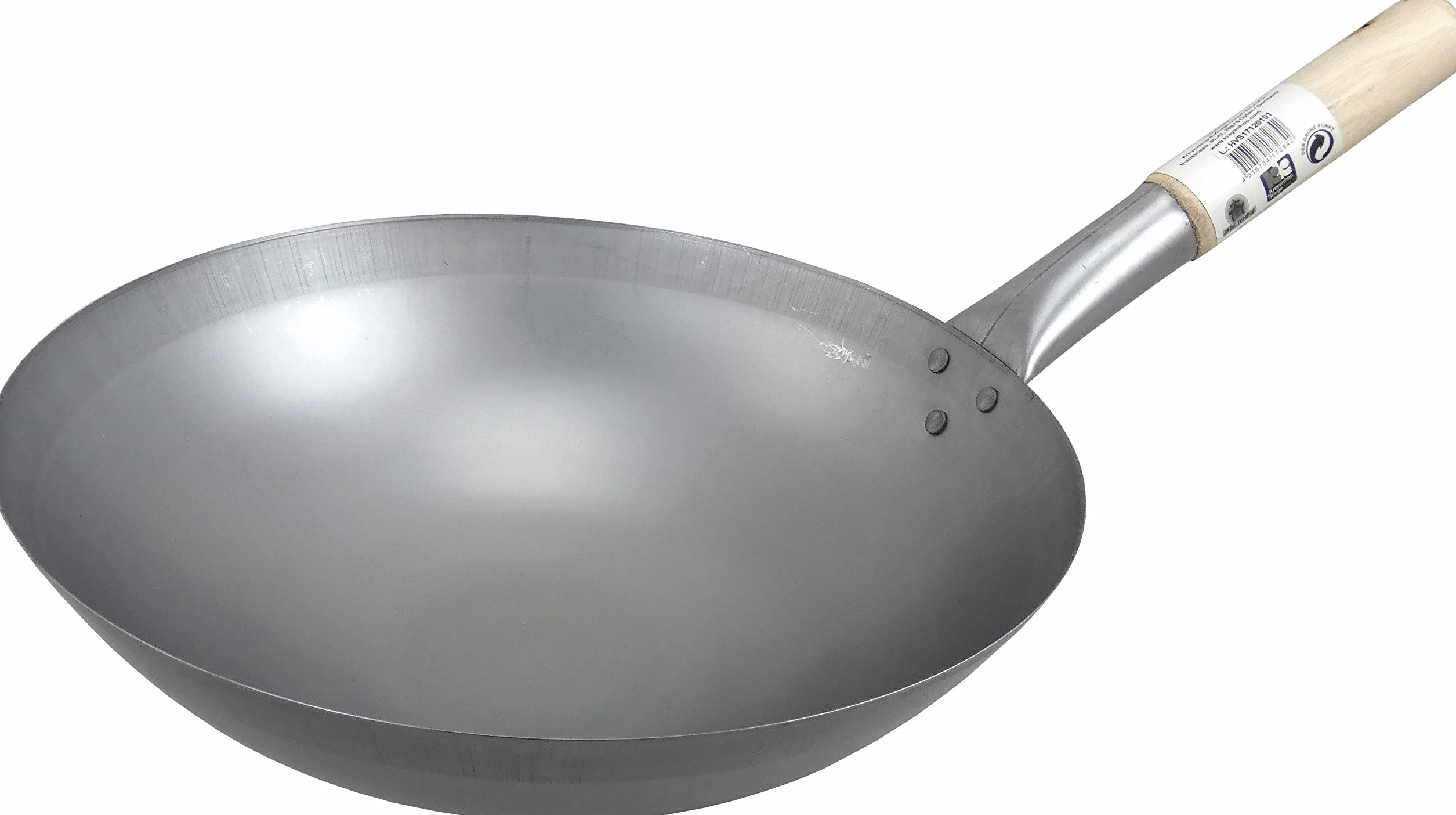 JADE TEMPLE Wok ze stali węglowej, z okrągłym dnem i średnicą 33 cm, z okrągłym drewnianym uchwytem, 56 x 35 x 25,5 cm, szary