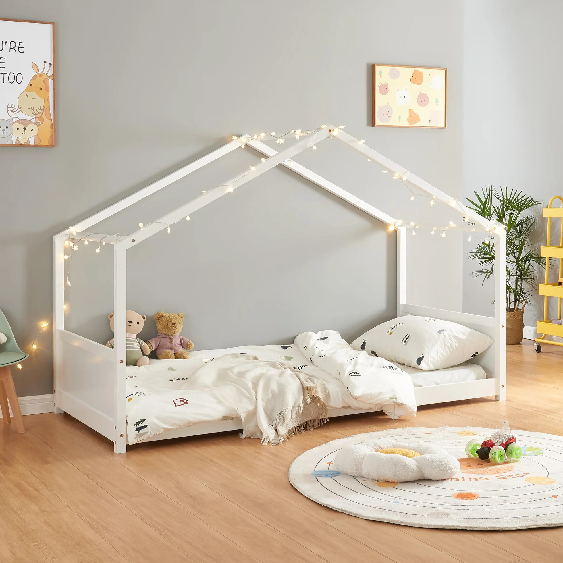 [en.casa] Łóżko dziecięce Simo Domowe łóżko dla malucha o wyglądzie domu łóżko podłogowe ze stelażem na łóżko sosna 200 x 90 cm białe