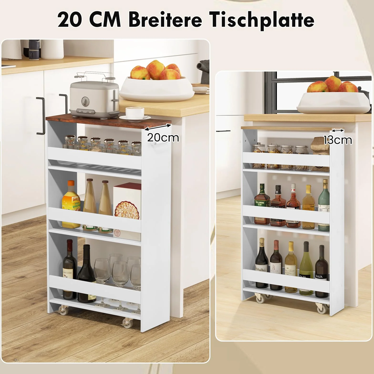 COSTWAY Wózek wnękowy 20 cm szerokości, 4 poziomy, wózek kuchenny, wąski, regał wnękowy na kółkach, wózek do serwowania z uchwytem i poręczami, drewniany regał łazienkowy, do kuchni, łazienki, 47,5 x