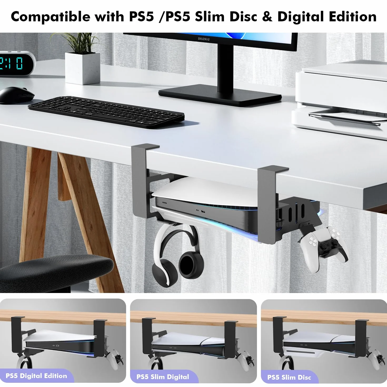 Regulowany stojak na PS5 z uchwytami na kontroler, stalowa podstawka kompatybilna z PlayStation 5 edycją dyskową i cyfrową