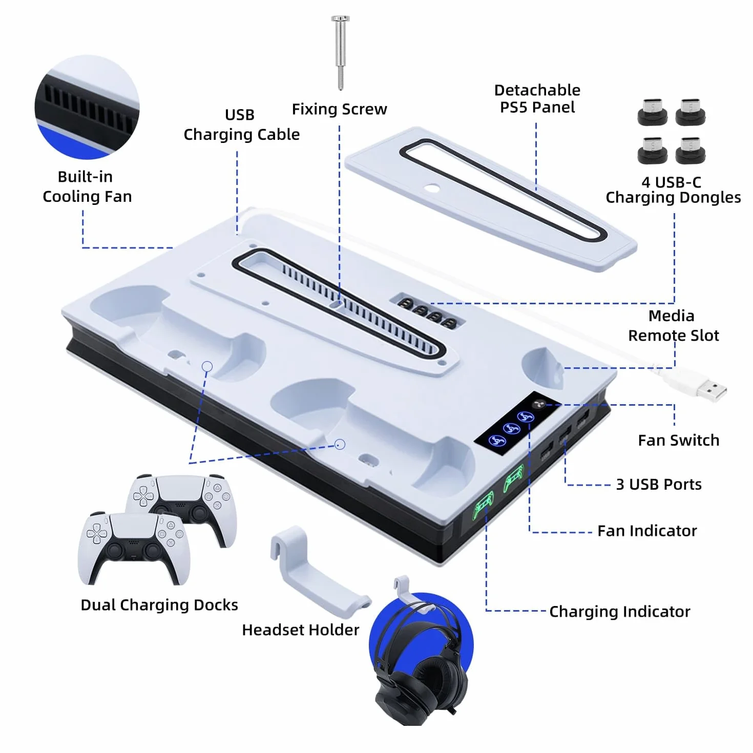 Wigearss Pionowy stojak na wentylator PS5 Slim z podwójnym kontrolerem, ładowarka do PS5/PS5 SlimPS5 PRO UHD/Digital Edition/