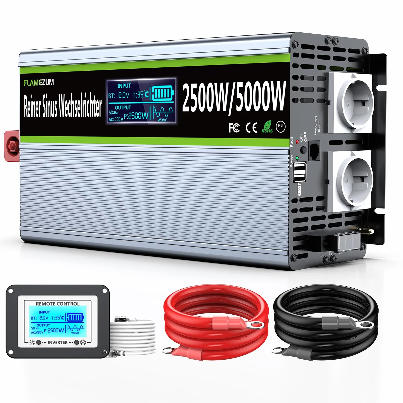 Falownik 12V 230V Czysty Sinus 2500W Przetwornica Napięcia z Pilotem Zdalnego Sterowania i Ekranem LCD & 2 Gniazdkami UE & 2 Port USB Solar Power Inverter do Samochodu,Przyczepy kempingowej,łodzi,na kemping