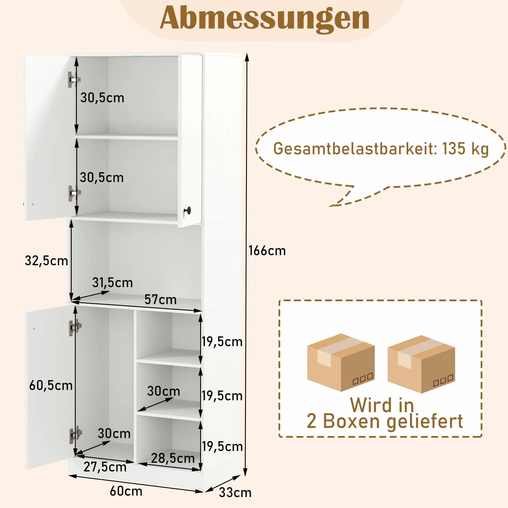 COSTWAY Szafka kuchenna 166 cm z 3 drzwiami i otwartymi półkami biała