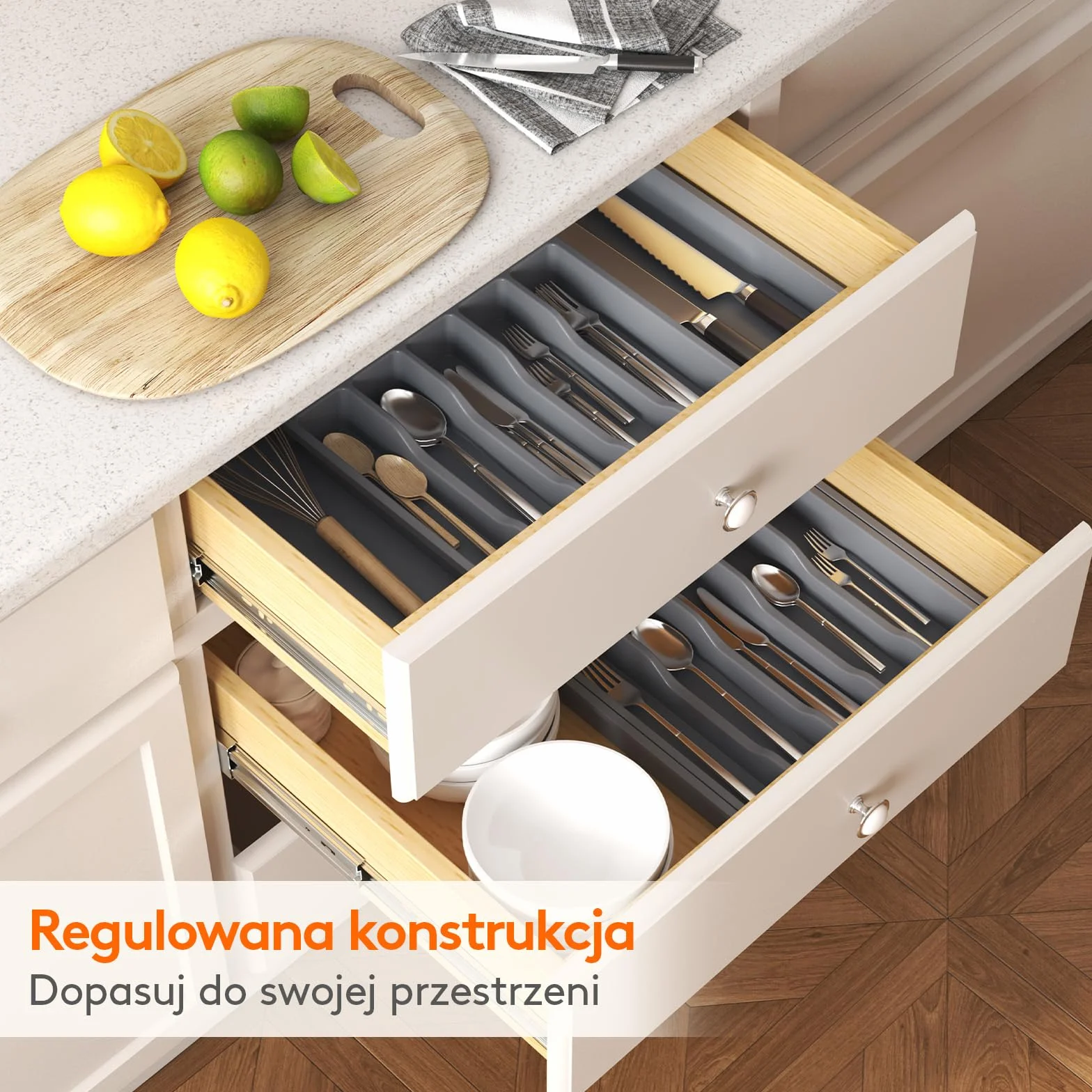 Lifewit Silverware Organizer, Rozszerzalna Taca na Przybory do Szuflady, Regulowany Uchwyt na Sztućce, Kompaktowa Plastikowa Szuflada do Przechowywania Łyżek, Widelce, Noże, Duża, Ciemnoszary