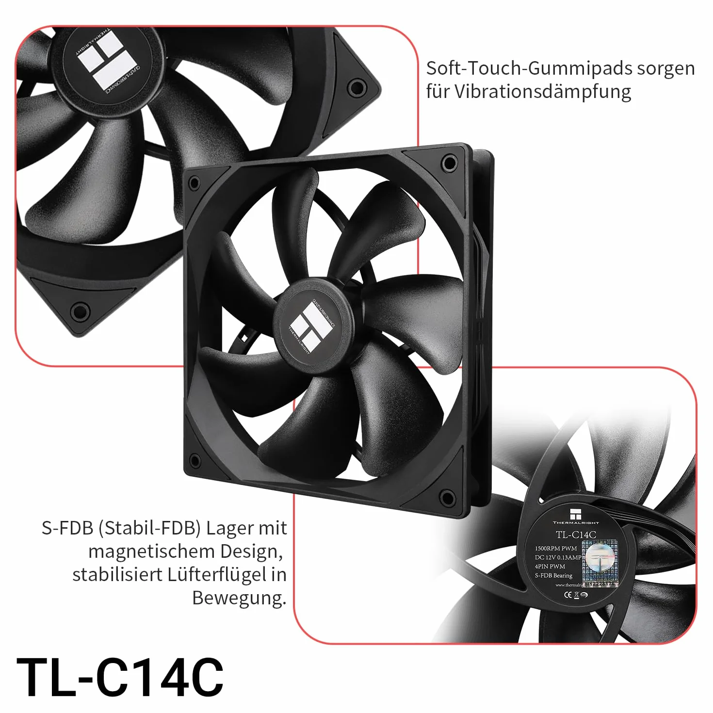 TR-Thermalright TL-C14C wentylator CPU PWM, 140 mm, cichy wentylator 1500 RPM, czarny wentylator CPU, duża objętość powietrza 75,8 CFM, może być sparowany z obudową / chłodnicą procesora