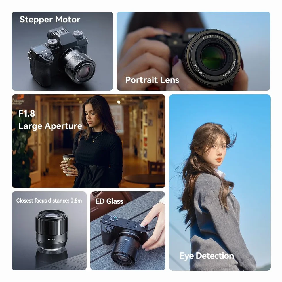TTARTISAN Obiektyw aparatu APS-C 56 mm F1.8 z automatycznym ustawianiem ostrości do aparatu Fuji X, metalowy, lekki, obsługuje śledzenie oczu
