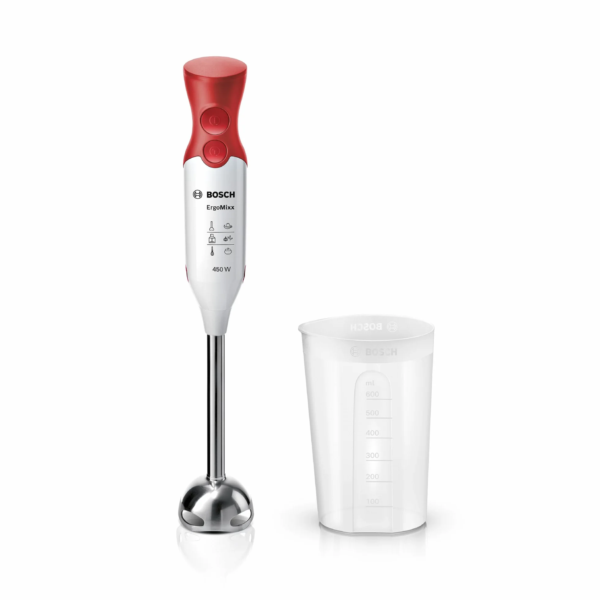 Bosch, blender ręczny, ErgoMixx, silnik 450 W, 2 ustawienia prędkości, rozdrabniacz, trzepaczka i pojemnik, biało-czerwony, MSM64110