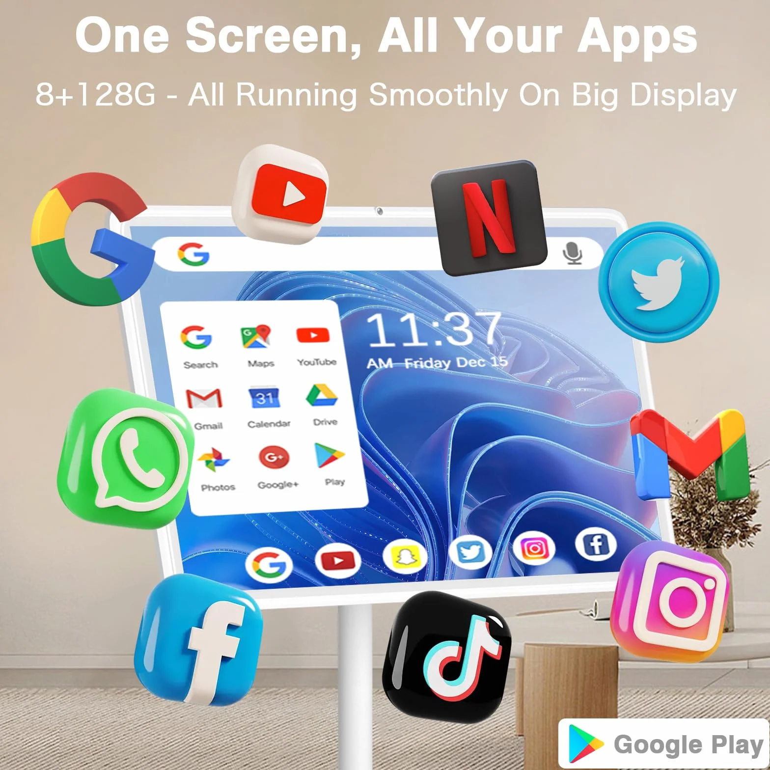 Przenośny telewizor 32-calowy na kółkach z systemem operacyjnym Android, pamięć 8 + 128 GB, wbudowana bateria (5-8 cm), ekran dotykowy, obrót o 360°, głos/pilot zdalnego sterowania