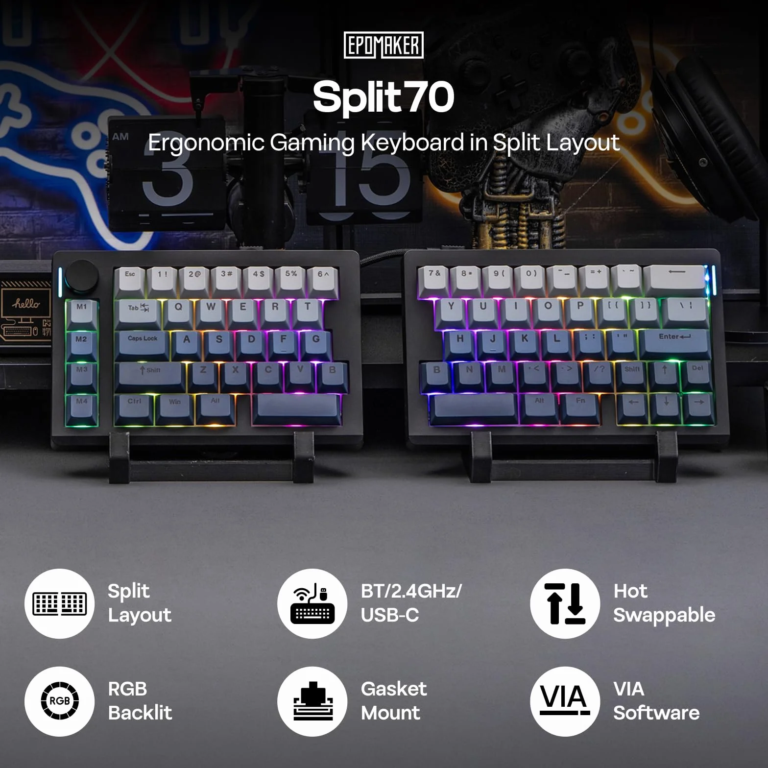 EPOMAKER Split70 ergonomiczna klawiatura gamingowa bezprzewodowa z QMK/VIA i pokrętłem, klawiatura mechaniczna Hot Swap RGB, Gasket, przełącznik liniowy, do Mac/Win (70% QWERTY English) (czarna)